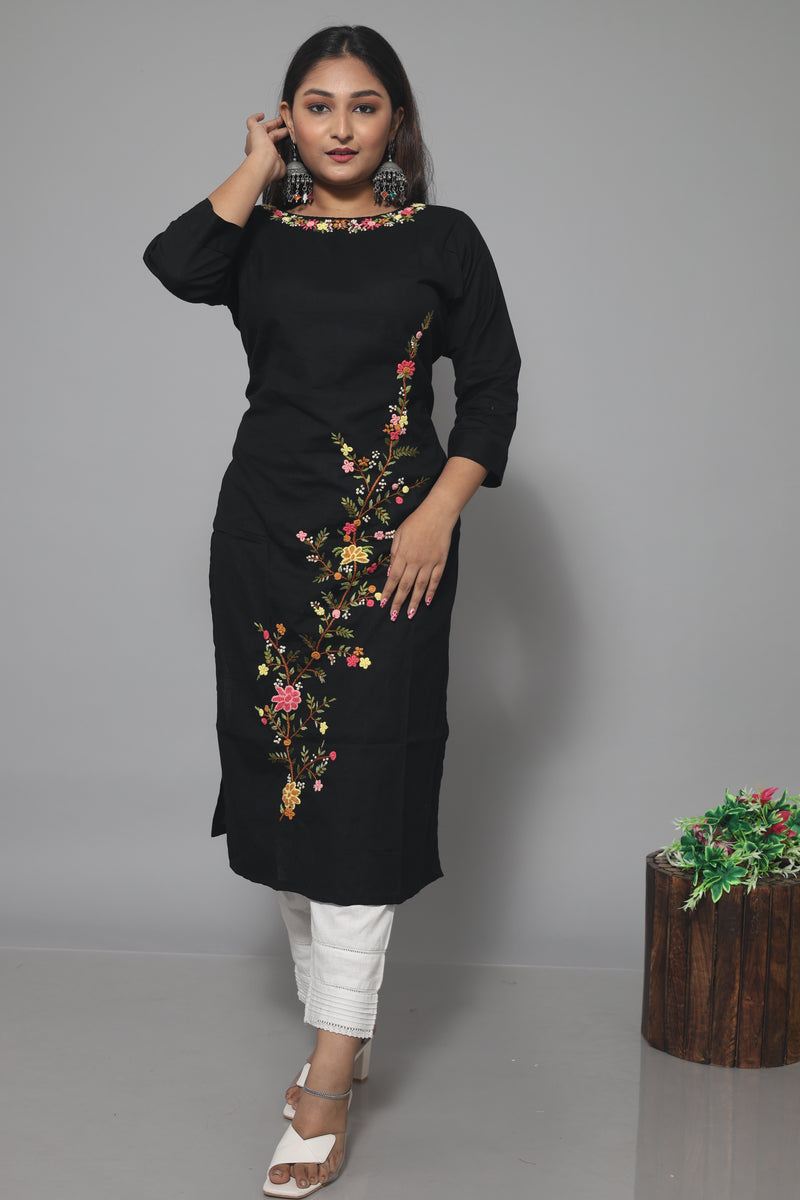 Black - Jhiri Handloom Cotton Ikat Patchwork Long Kurta