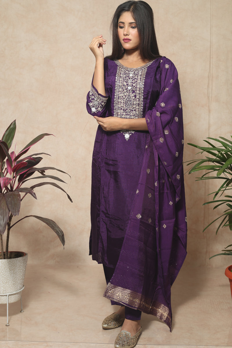 Manvi purple silk suit set