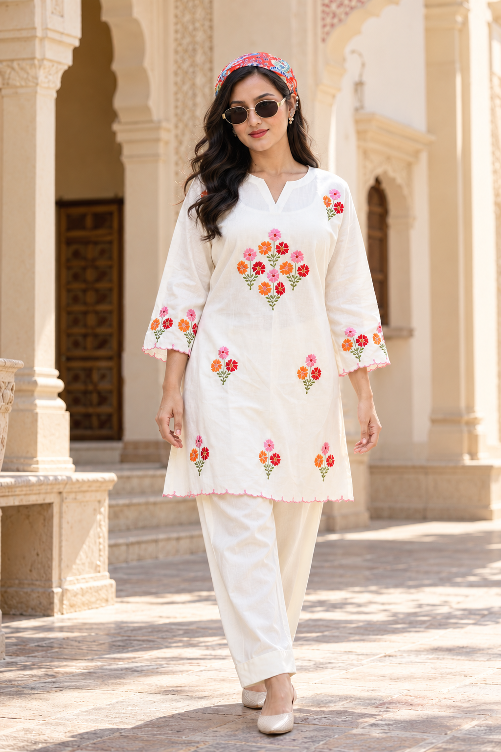 Off White Cotton Embroidered Farshi Co-ord Sets