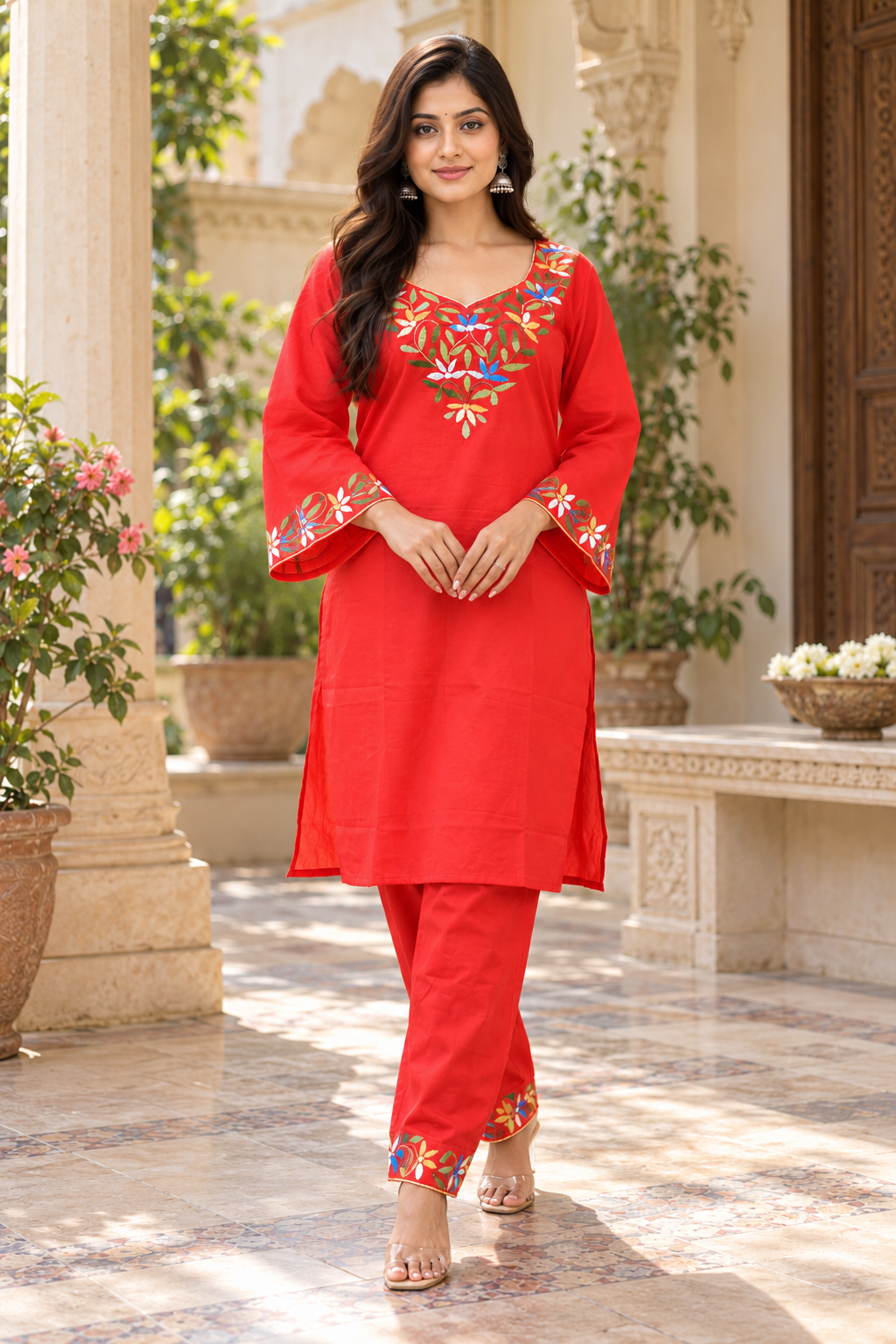 Red Hand Embroidered Cotton Co-ord Sets