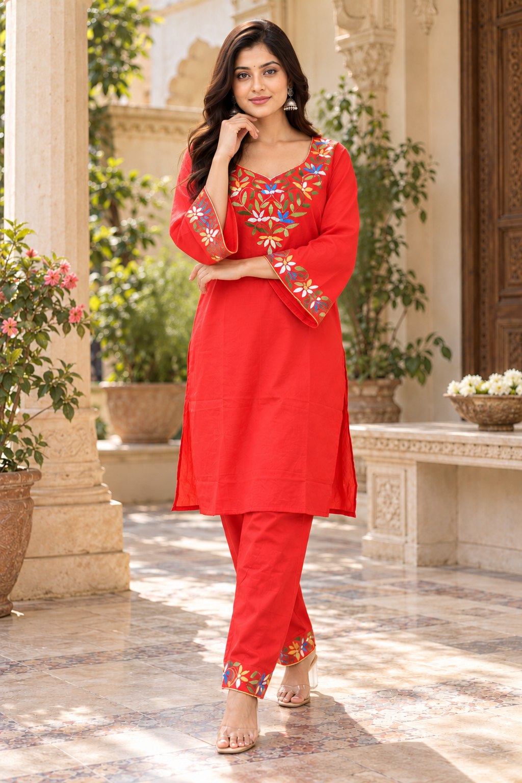 Red Hand Embroidered Cotton Co-ord Sets
