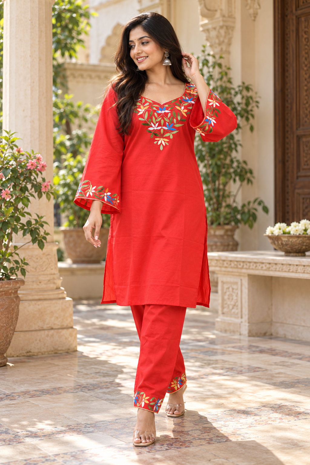 Red Hand Embroidered Cotton Co-ord Sets