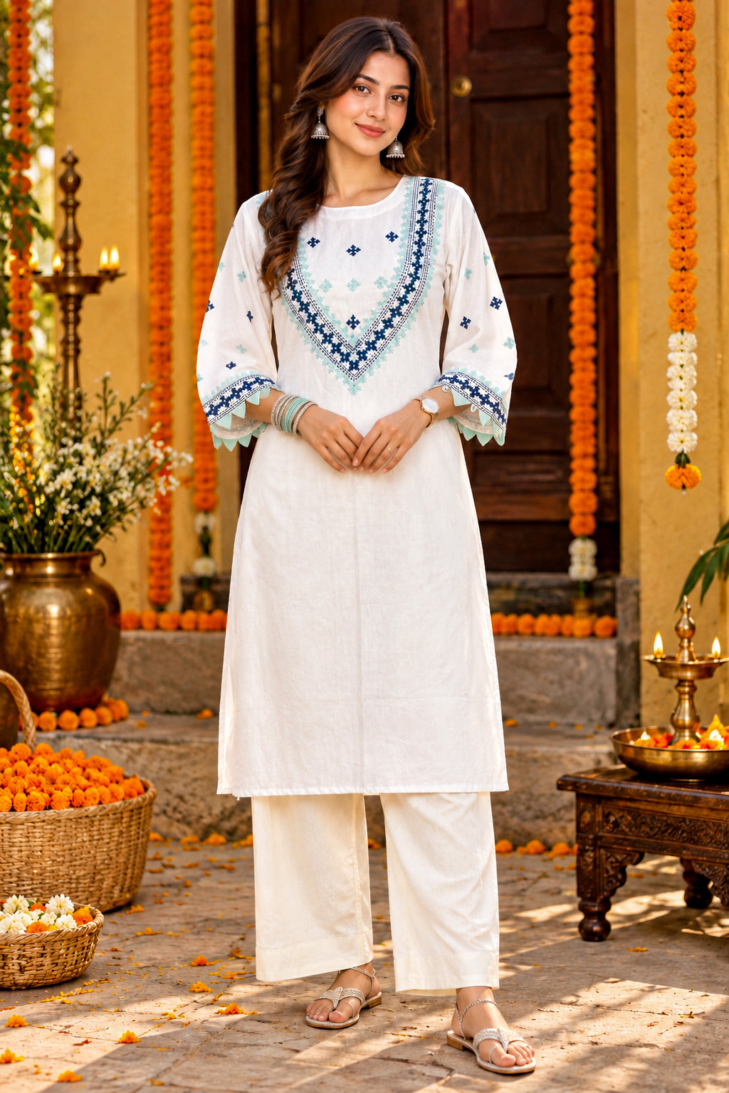Off White Kutch Hand Embroidery Cotton Kurta