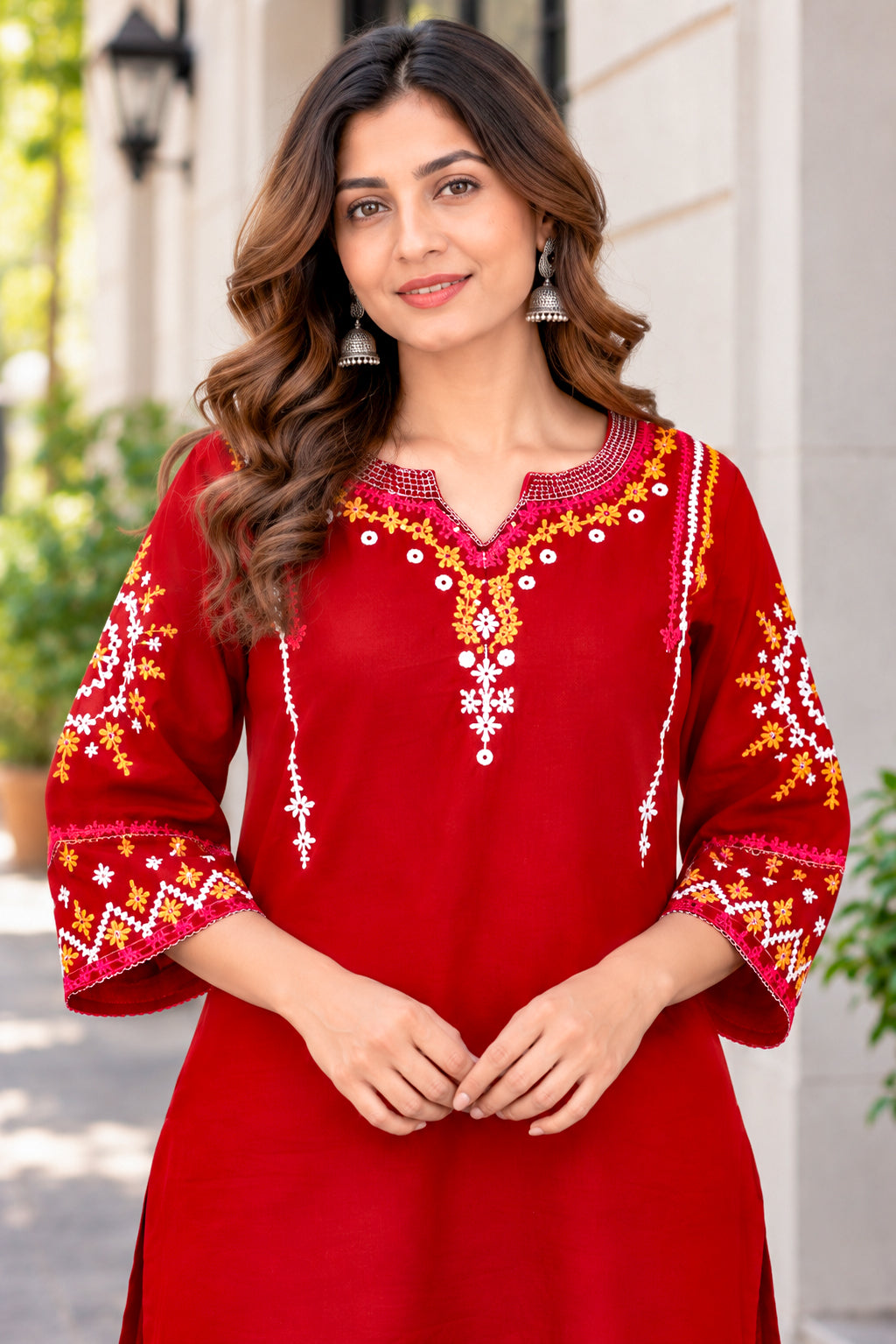 Maroon Cotton Kutch Hand Embroidered Long Kurta