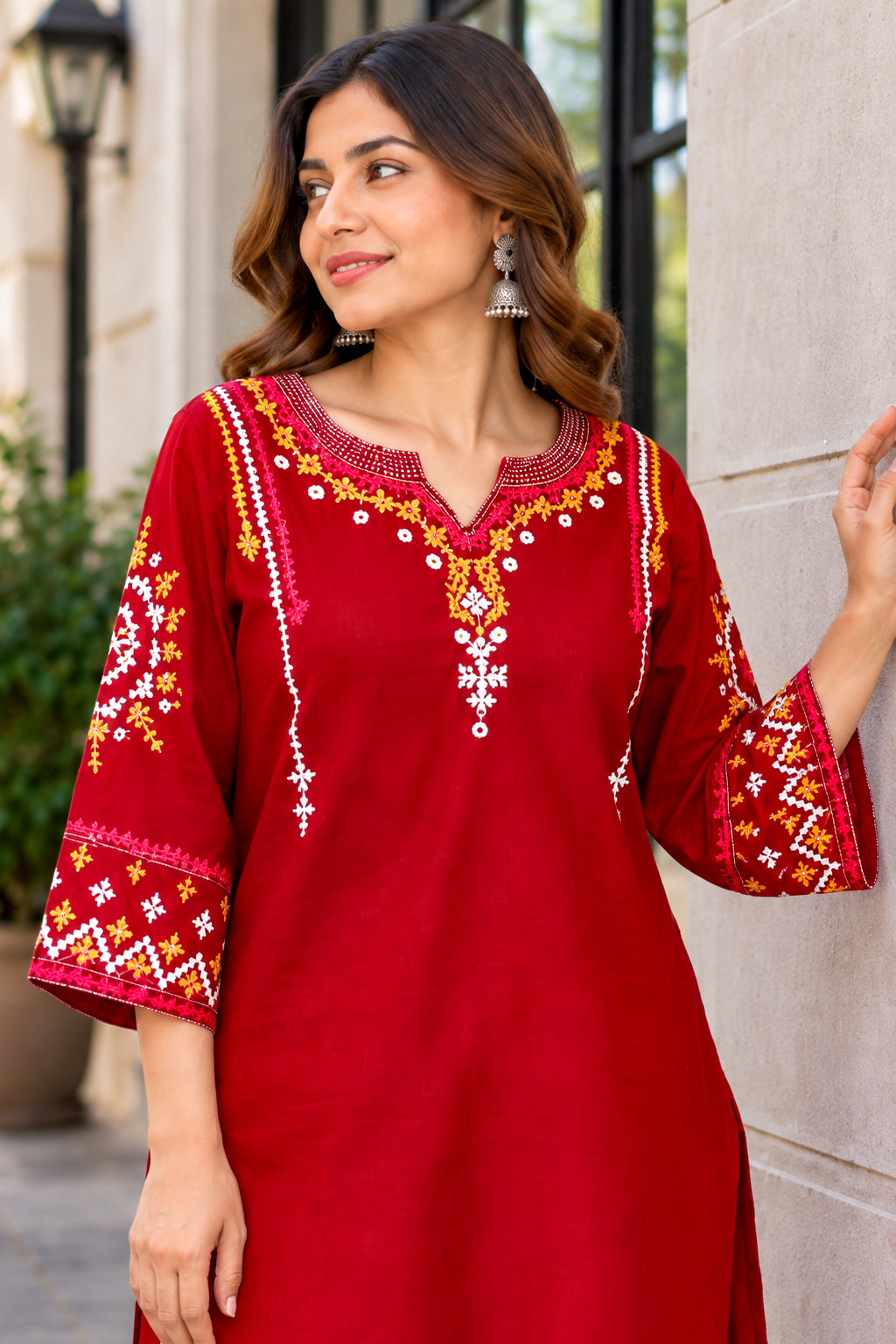 Maroon Cotton Kutch Hand Embroidered Long Kurta