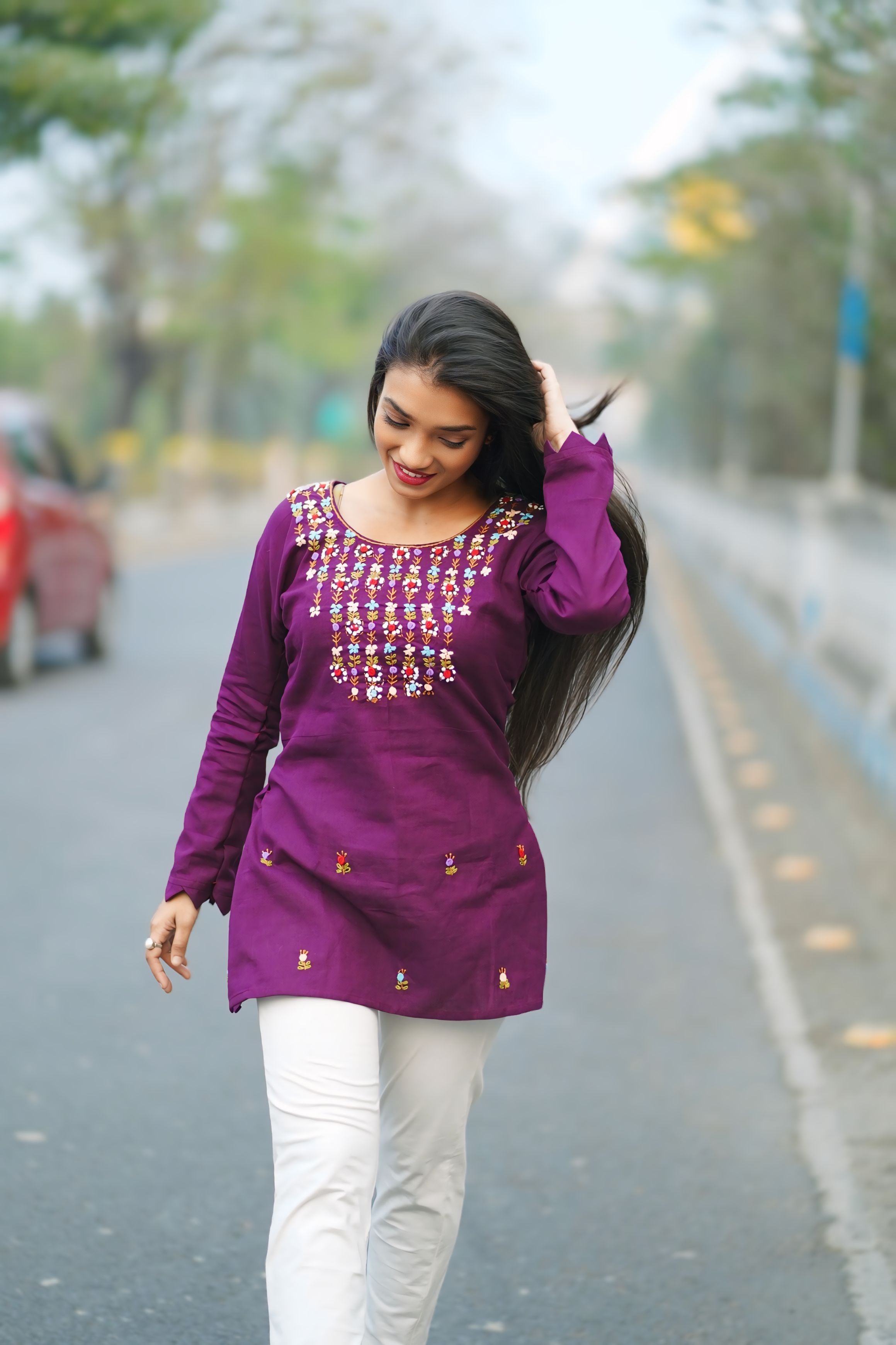 Plum Color Handwork Cotton Kurti