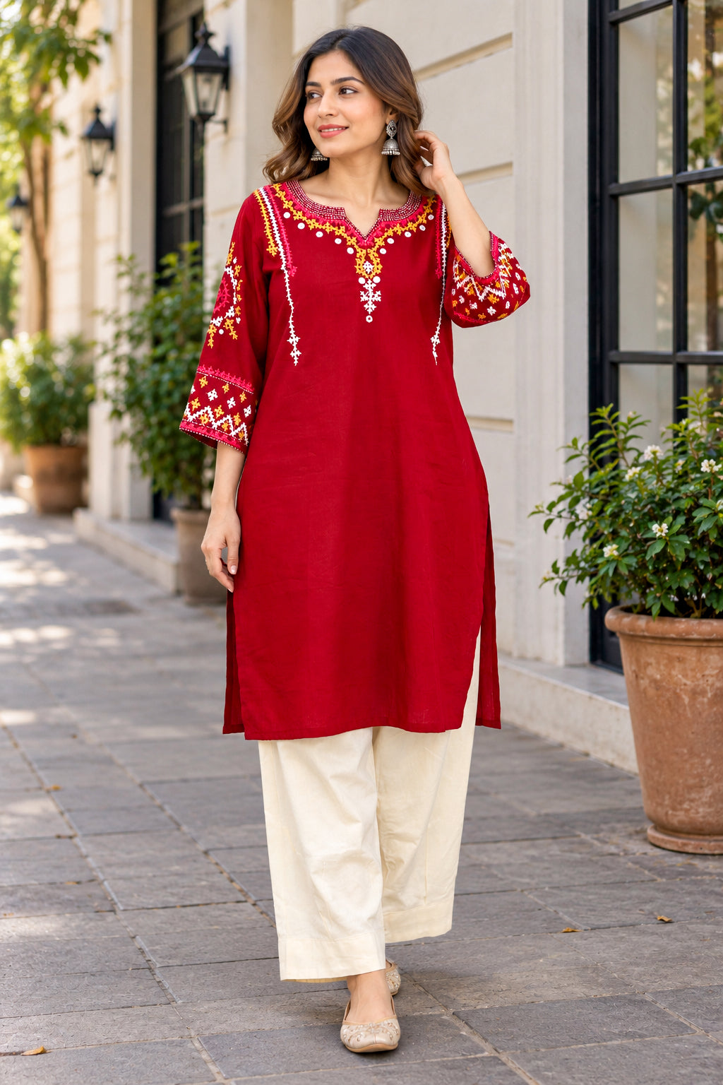 Maroon Cotton Kutch Hand Embroidered Long Kurta