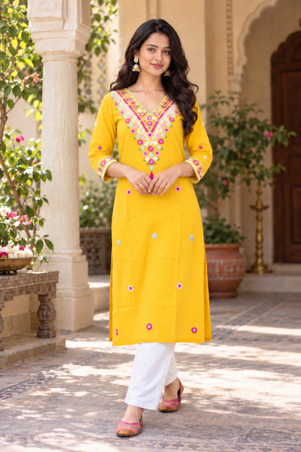 Yellow Color Kutch Hand Embroidered Cotton Kurta