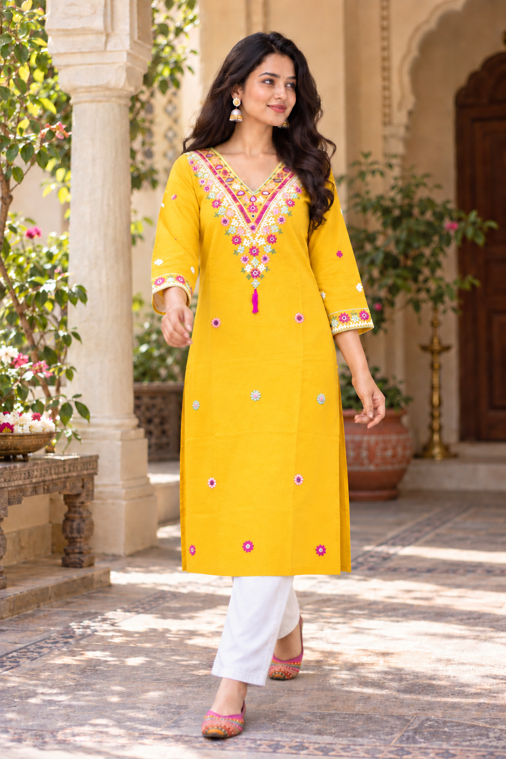 Yellow Color Kutch Hand Embroidered Cotton Kurta