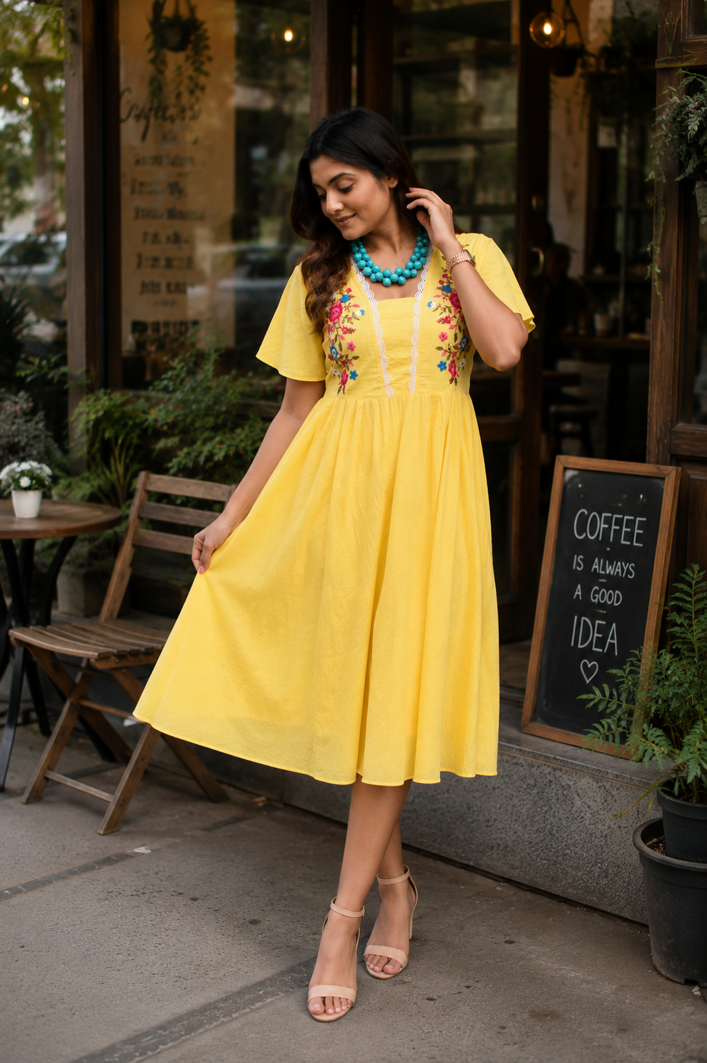 Hand Embroidered Yellow Cotton Dress