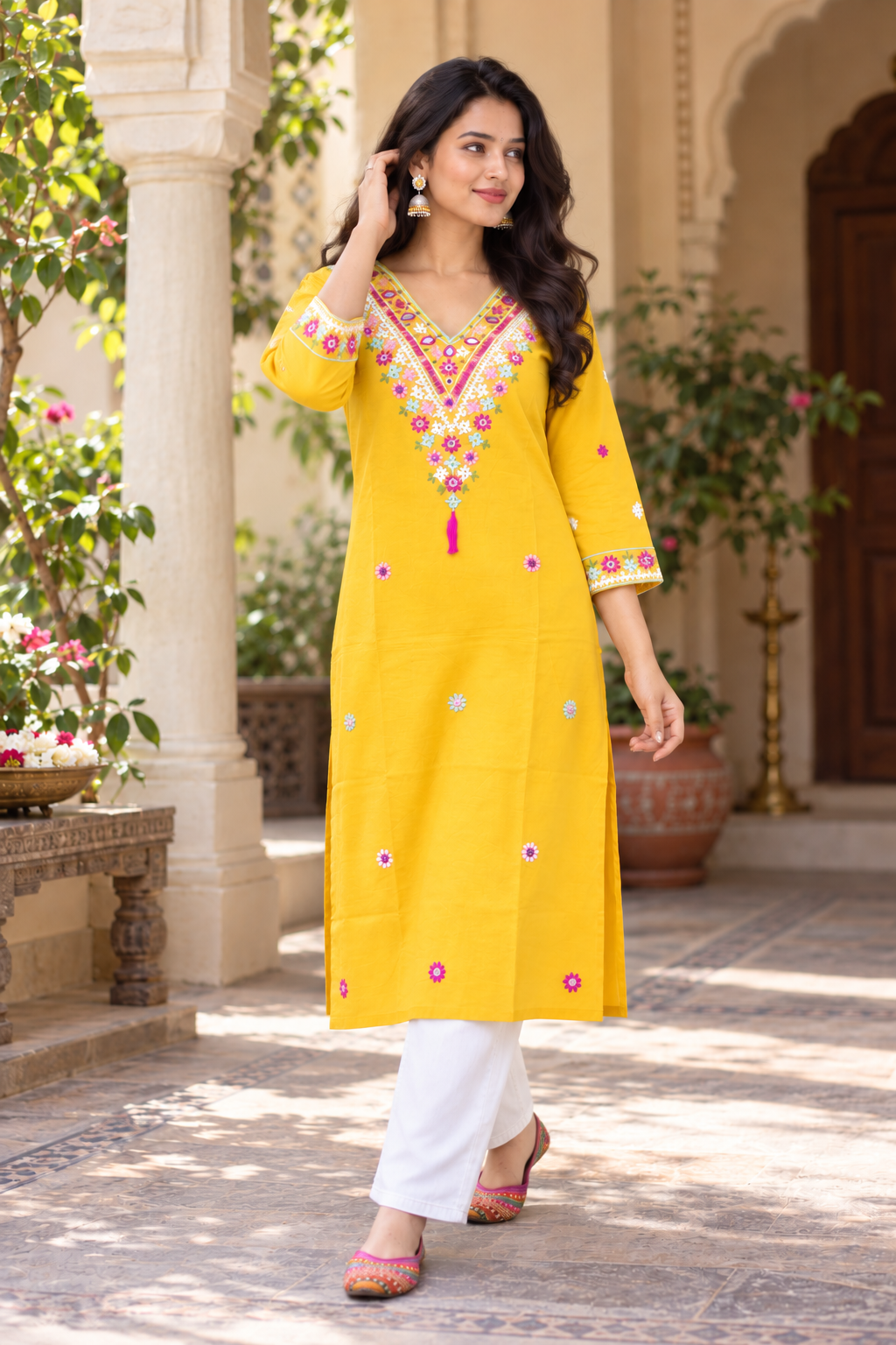 Yellow Color Kutch Hand Embroidered Cotton Kurta