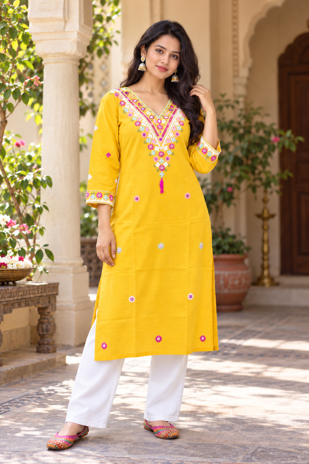 Yellow Color Kutch Hand Embroidered Cotton Kurta