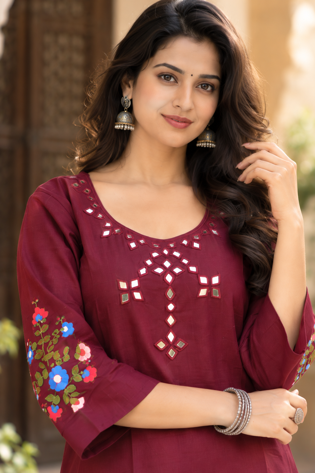 Maroon Color Mirror Work Hand Embroidery Cotton Kurta