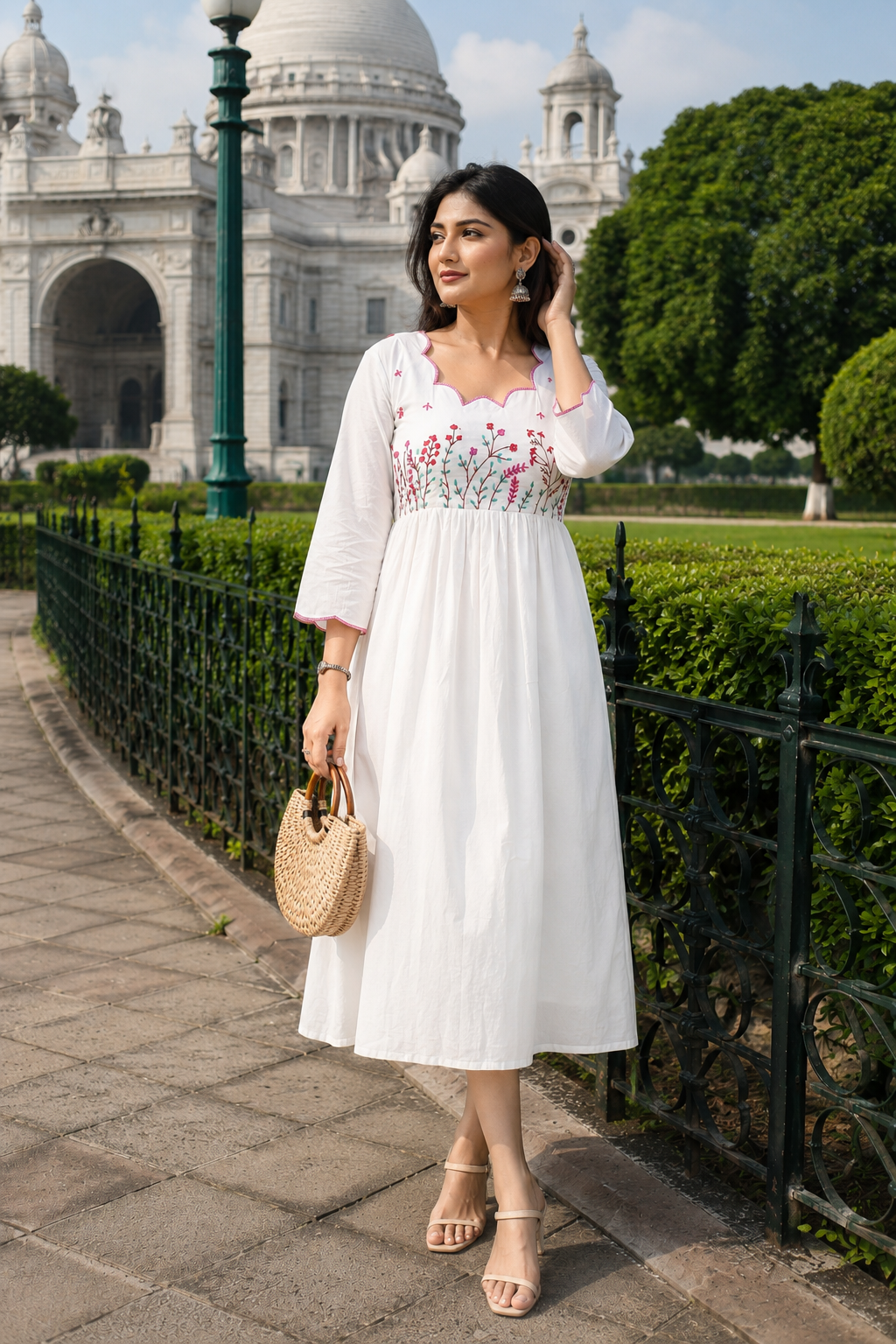 Hand Embroidered White Midi Dresses