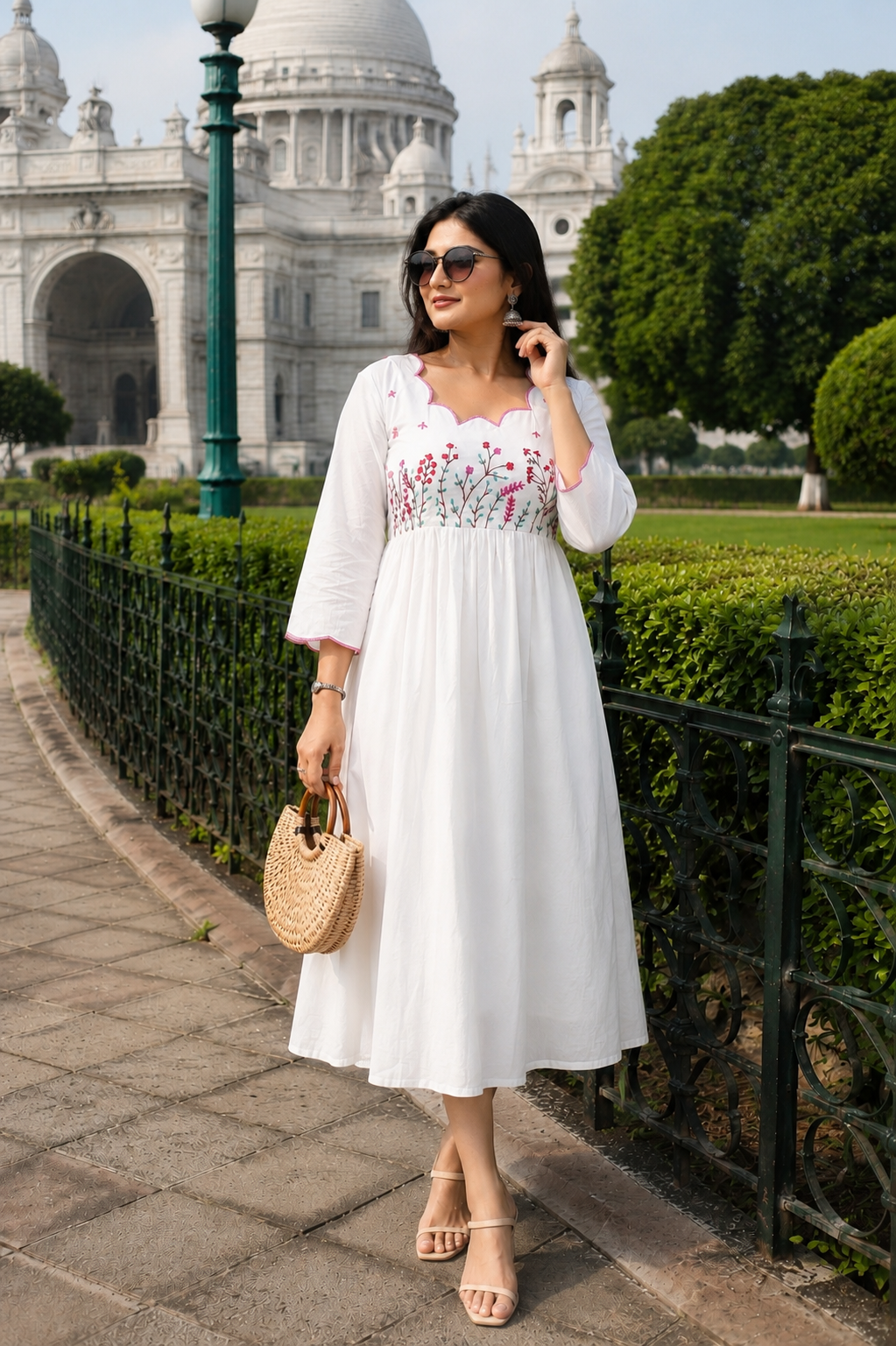 Hand Embroidered White Midi Dresses