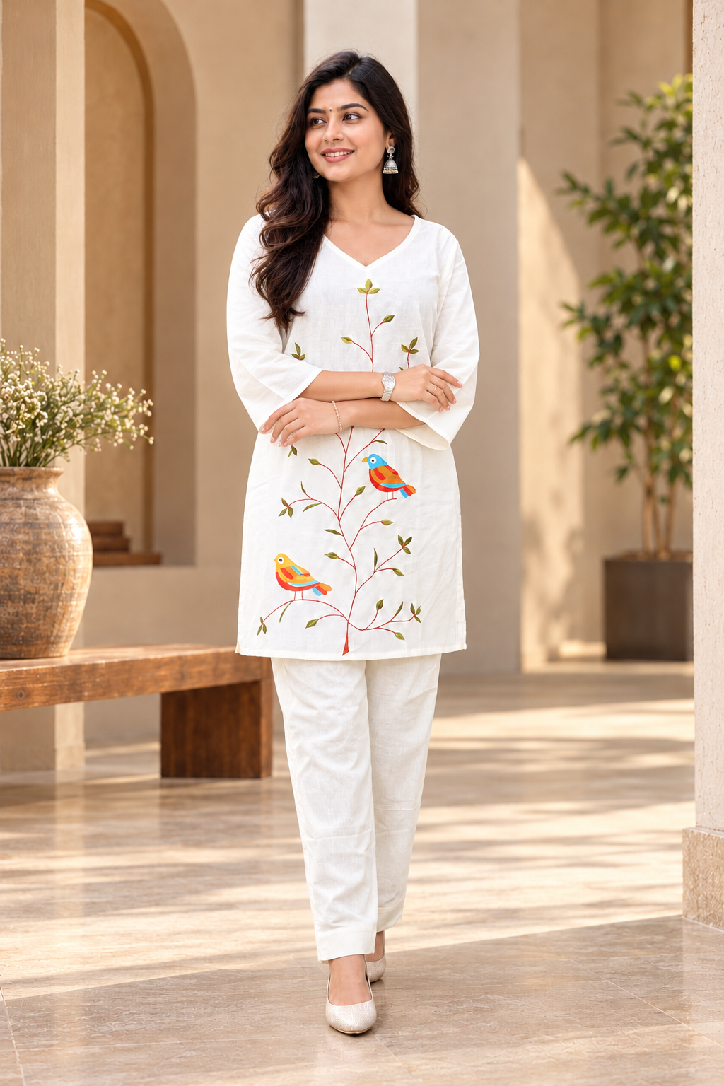 Off White Embroidered Cotton Co-ord Sets