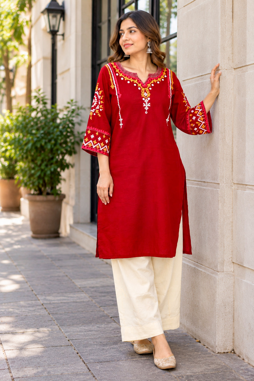 Maroon Cotton Kutch Hand Embroidered Long Kurta
