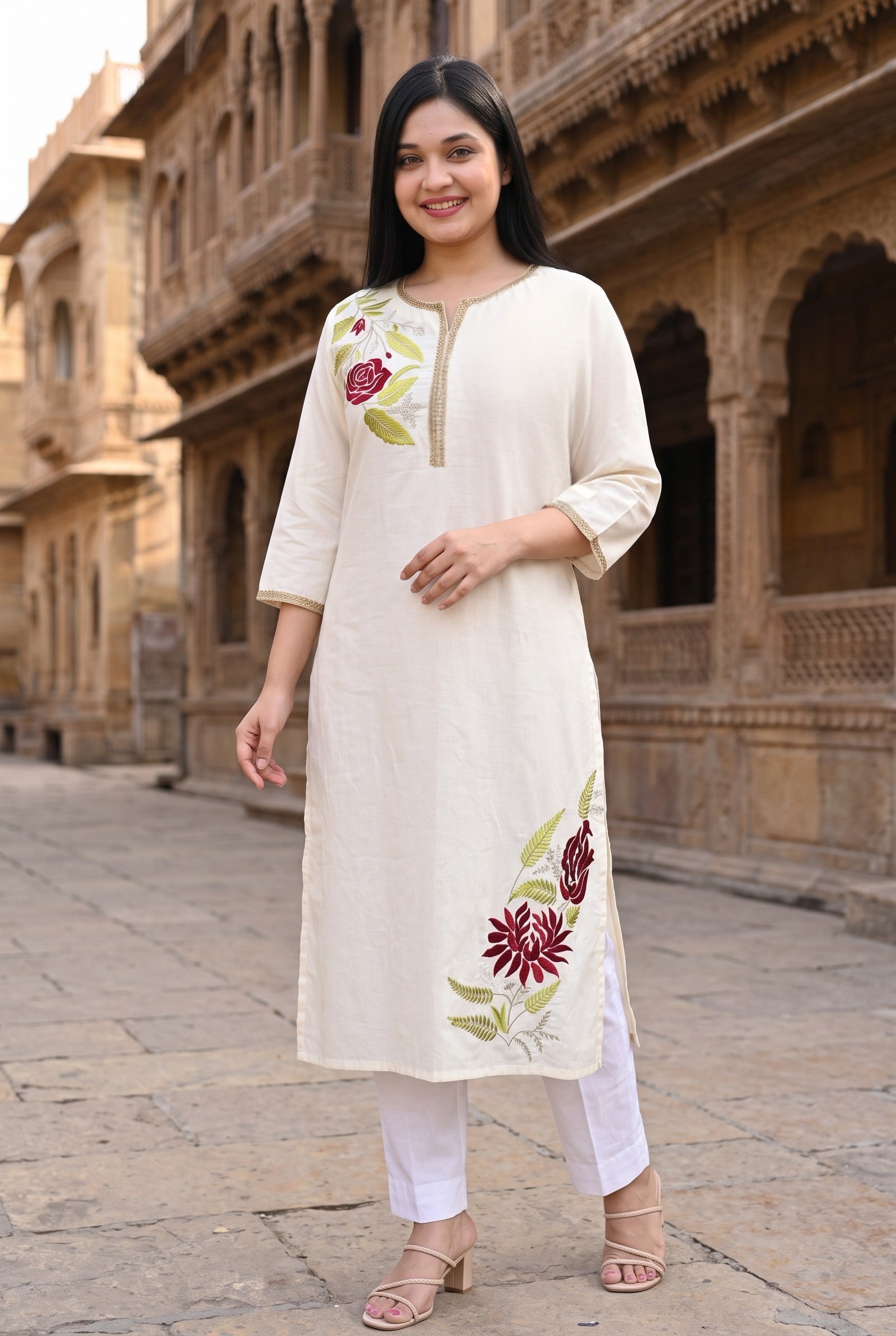 Off White Cotton Embroidered Kurta