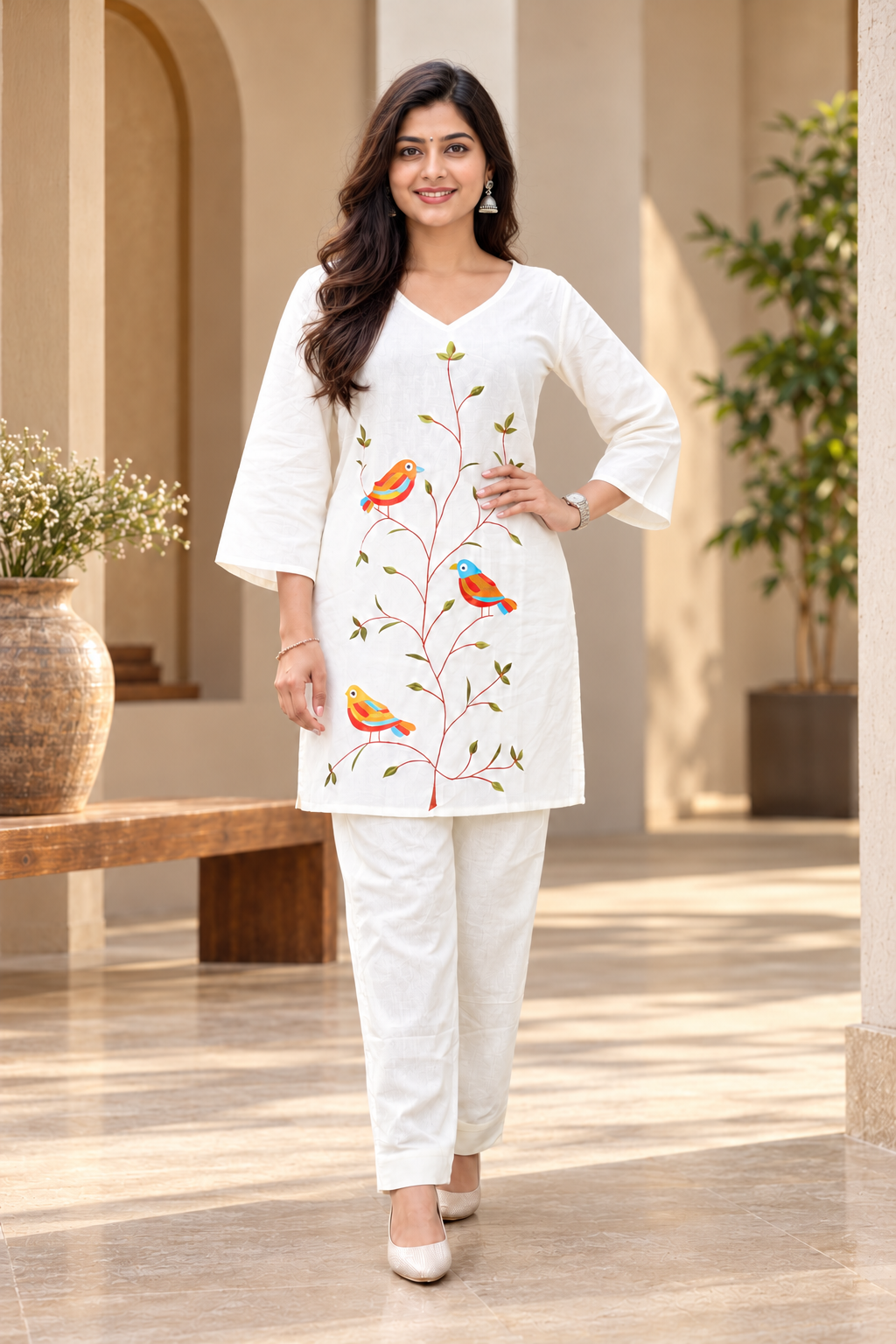 Off White Embroidered Cotton Co-ord Sets
