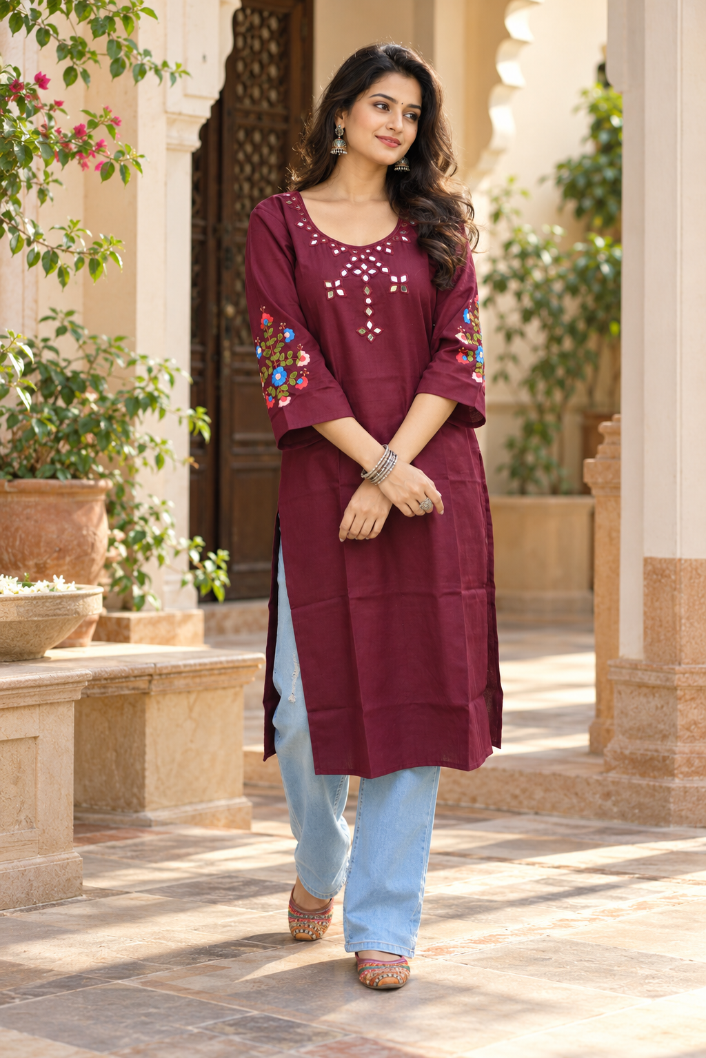 Maroon Color Mirror Work Hand Embroidery Cotton Kurta