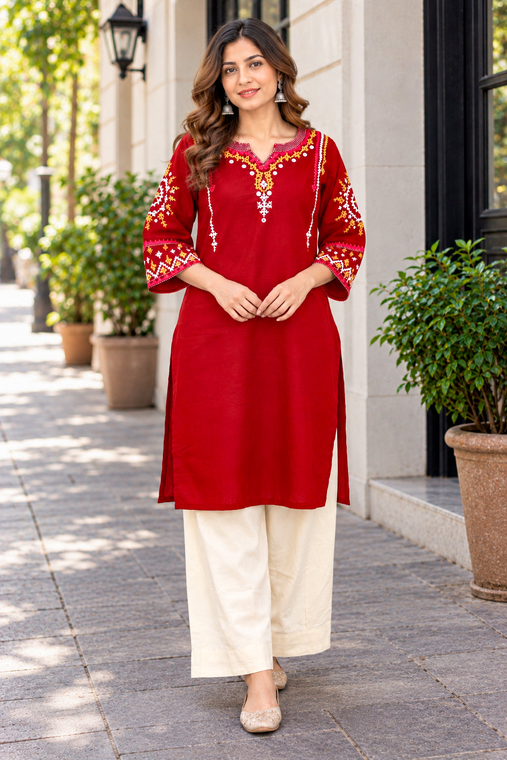 Maroon Cotton Kutch Hand Embroidered Long Kurta