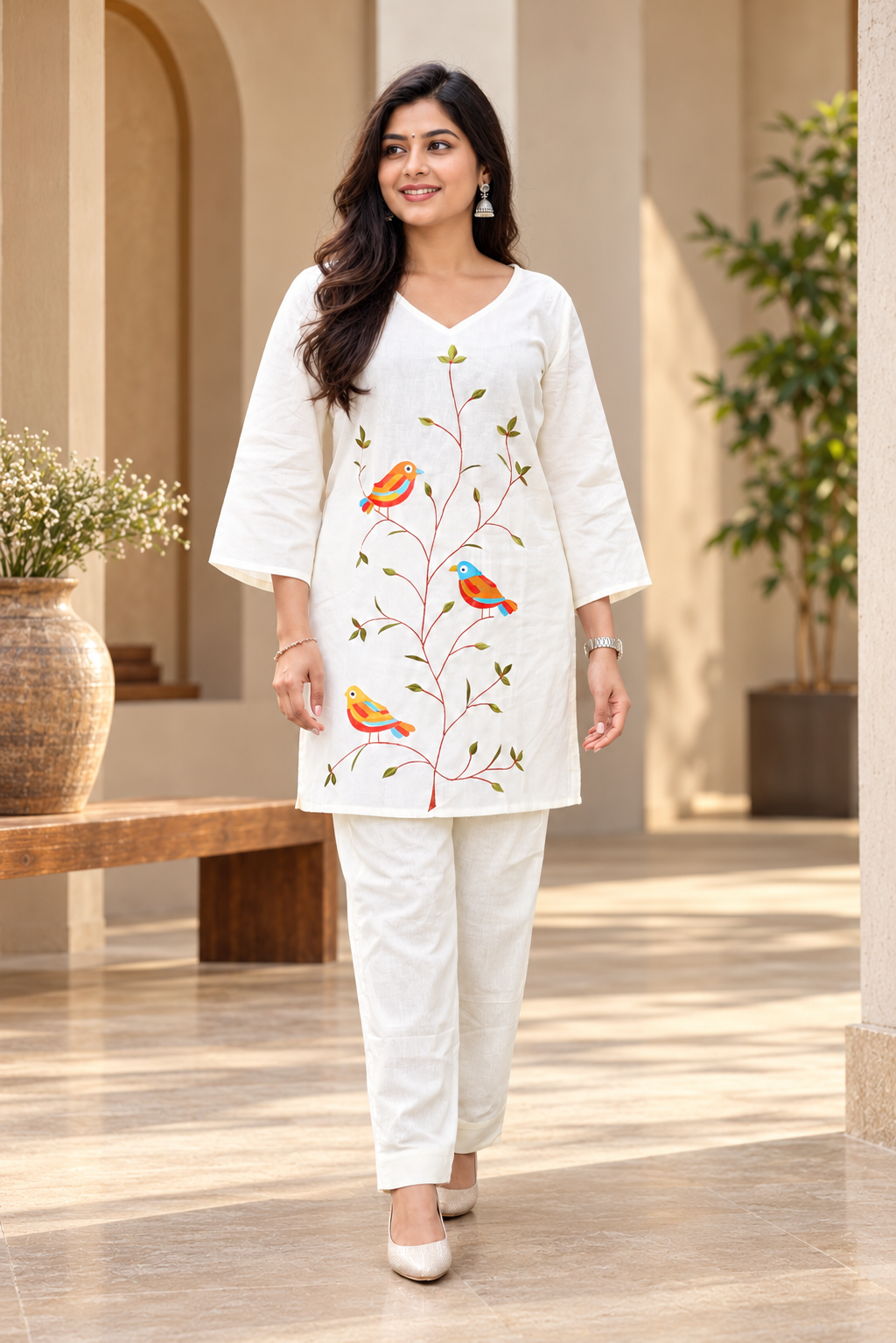 Off White Embroidered Cotton Co-ord Sets