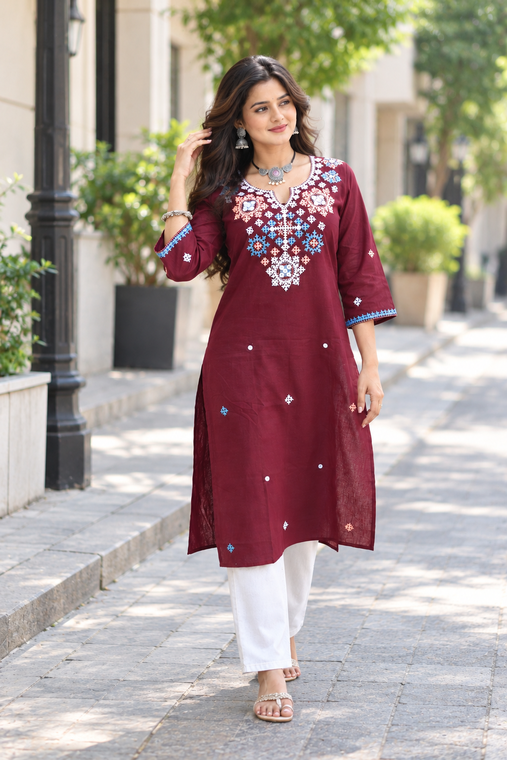 Chocolate Color Kutch Hand Embroidered Mirror Work Kurta