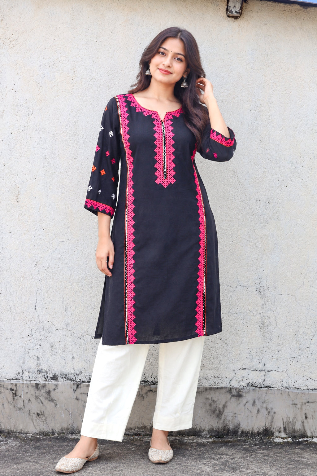 Black Hand Kutch Embroidered Cotton Long Kurta