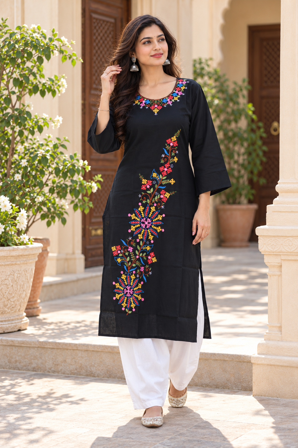 Floral Hand Embroidered Black Cotton Kurta