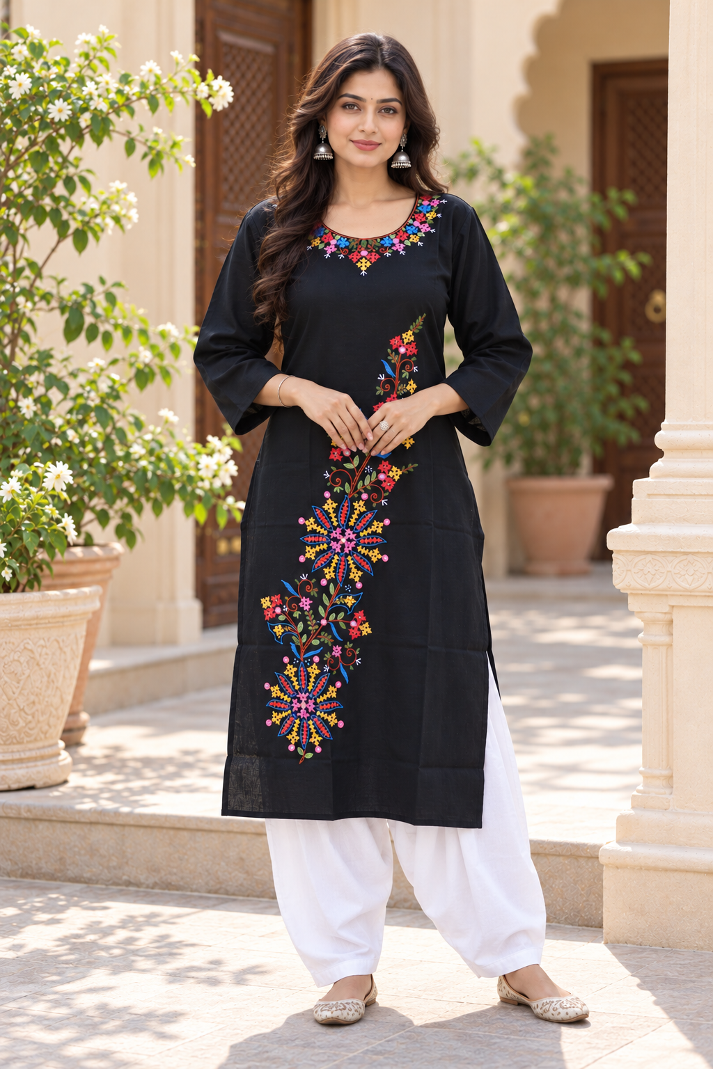 Floral Hand Embroidered Black Cotton Kurta