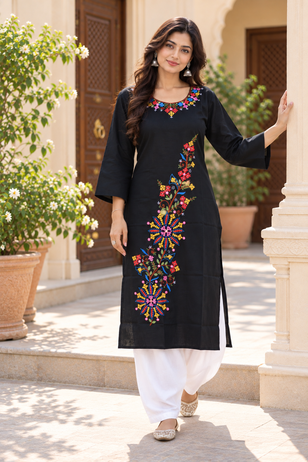 Floral Hand Embroidered Black Cotton Kurta