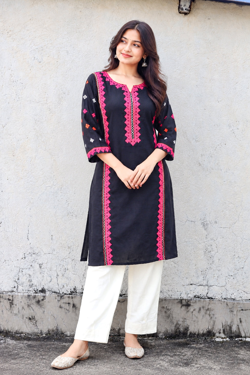 Black Hand Kutch Embroidered Cotton Long Kurta