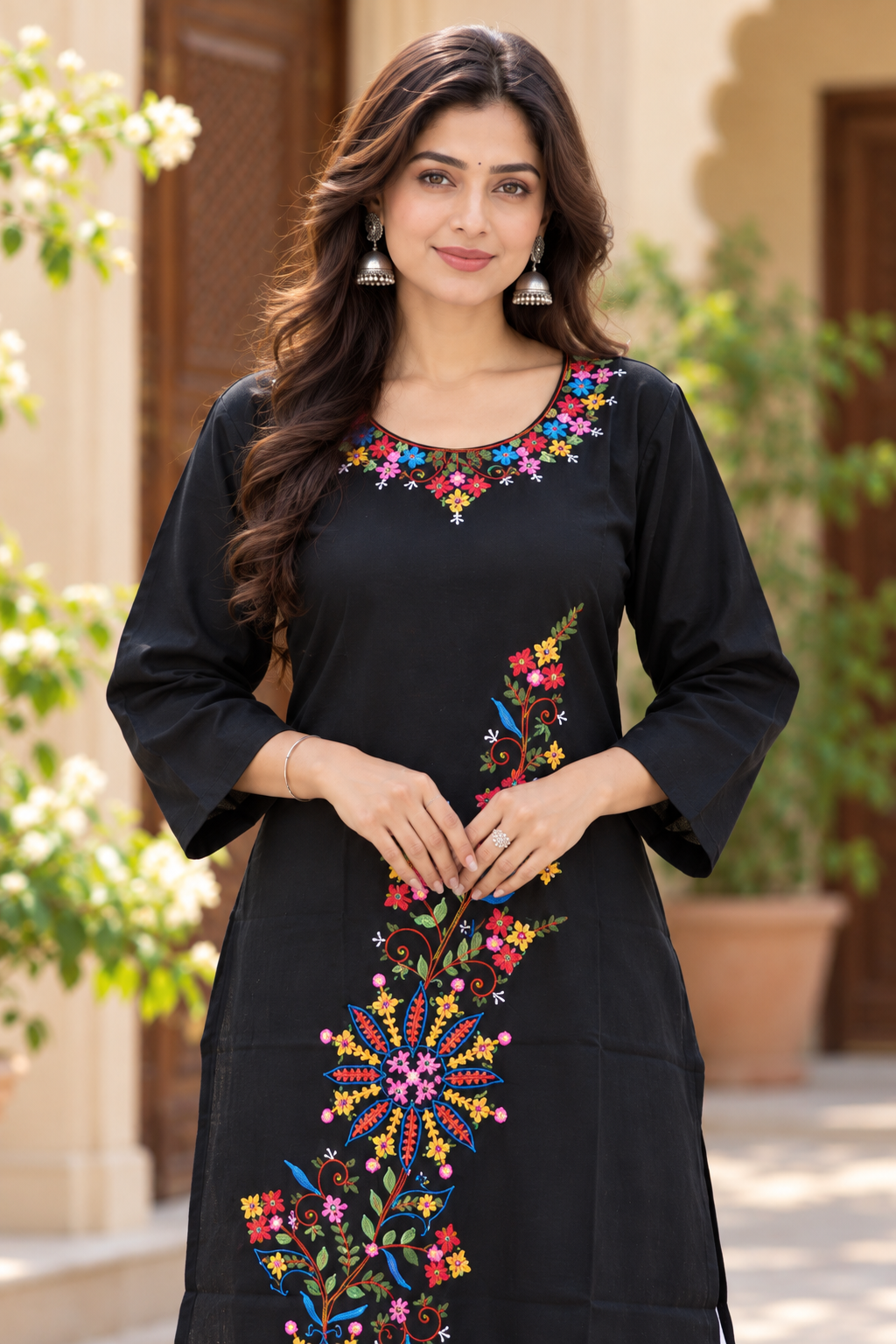 Floral Hand Embroidered Black Cotton Kurta
