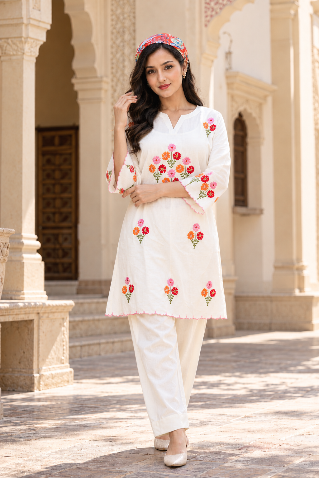 Off White Cotton Embroidered Farshi Co-ord Sets