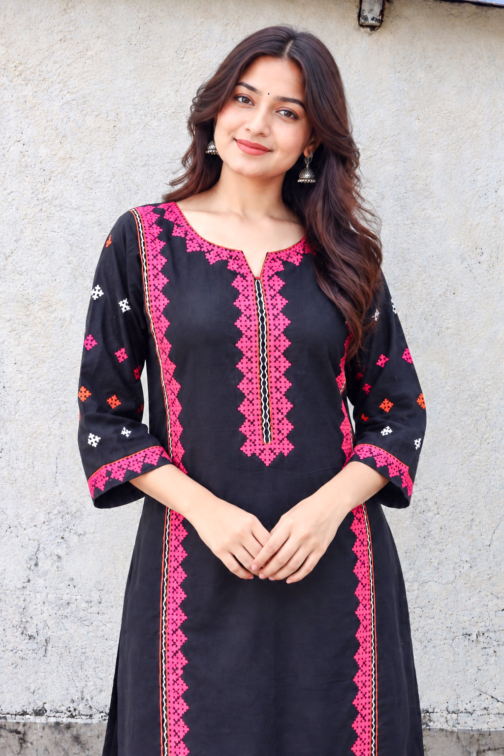 Black Hand Kutch Embroidered Cotton Long Kurta