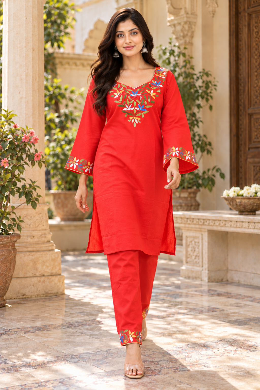 Red Hand Embroidered Cotton Co-ord Sets