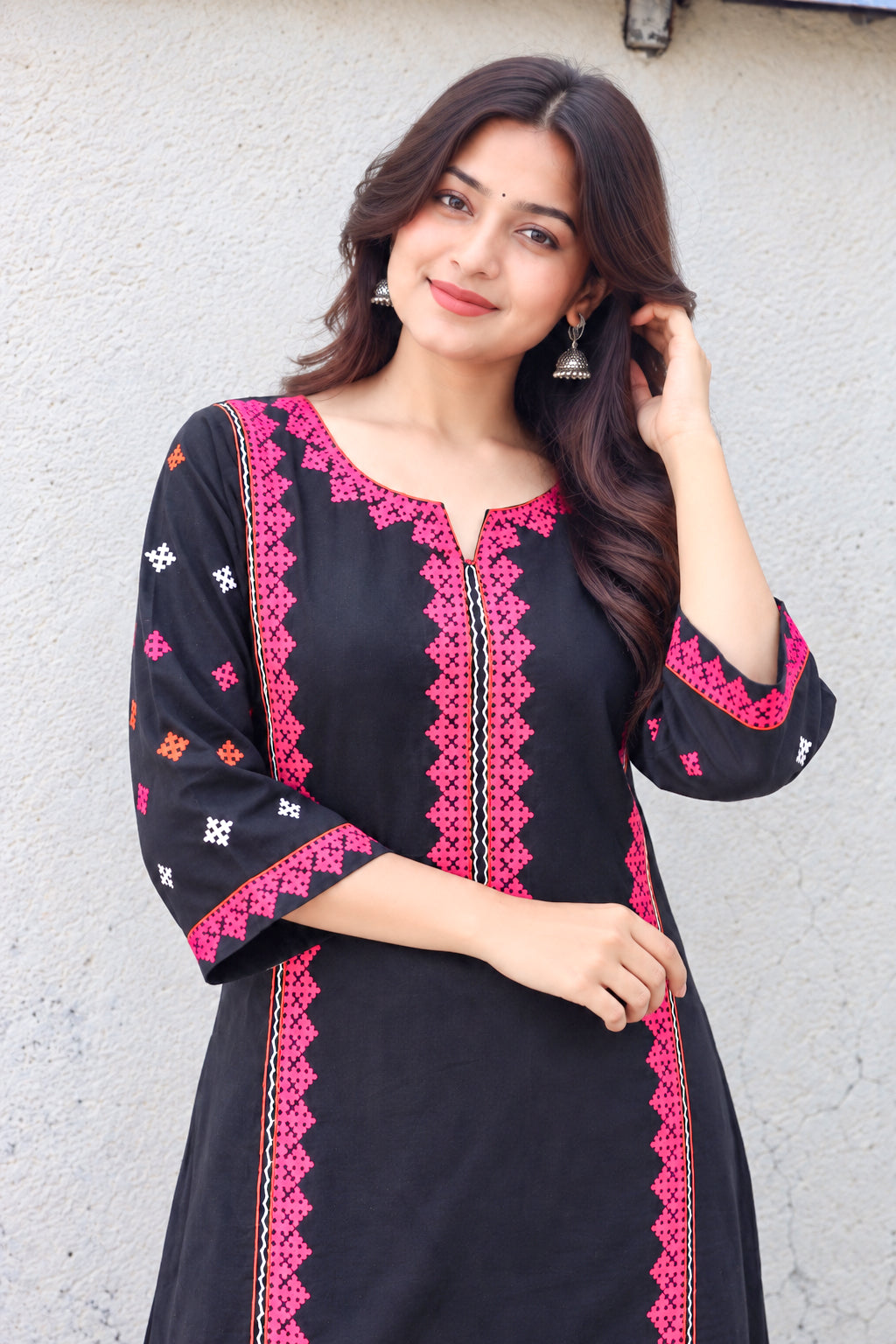 Black Hand Kutch Embroidered Cotton Long Kurta