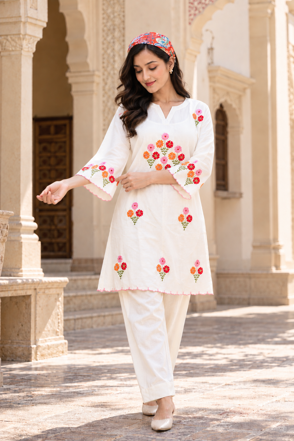 Off White Cotton Embroidered Farshi Co-ord Sets