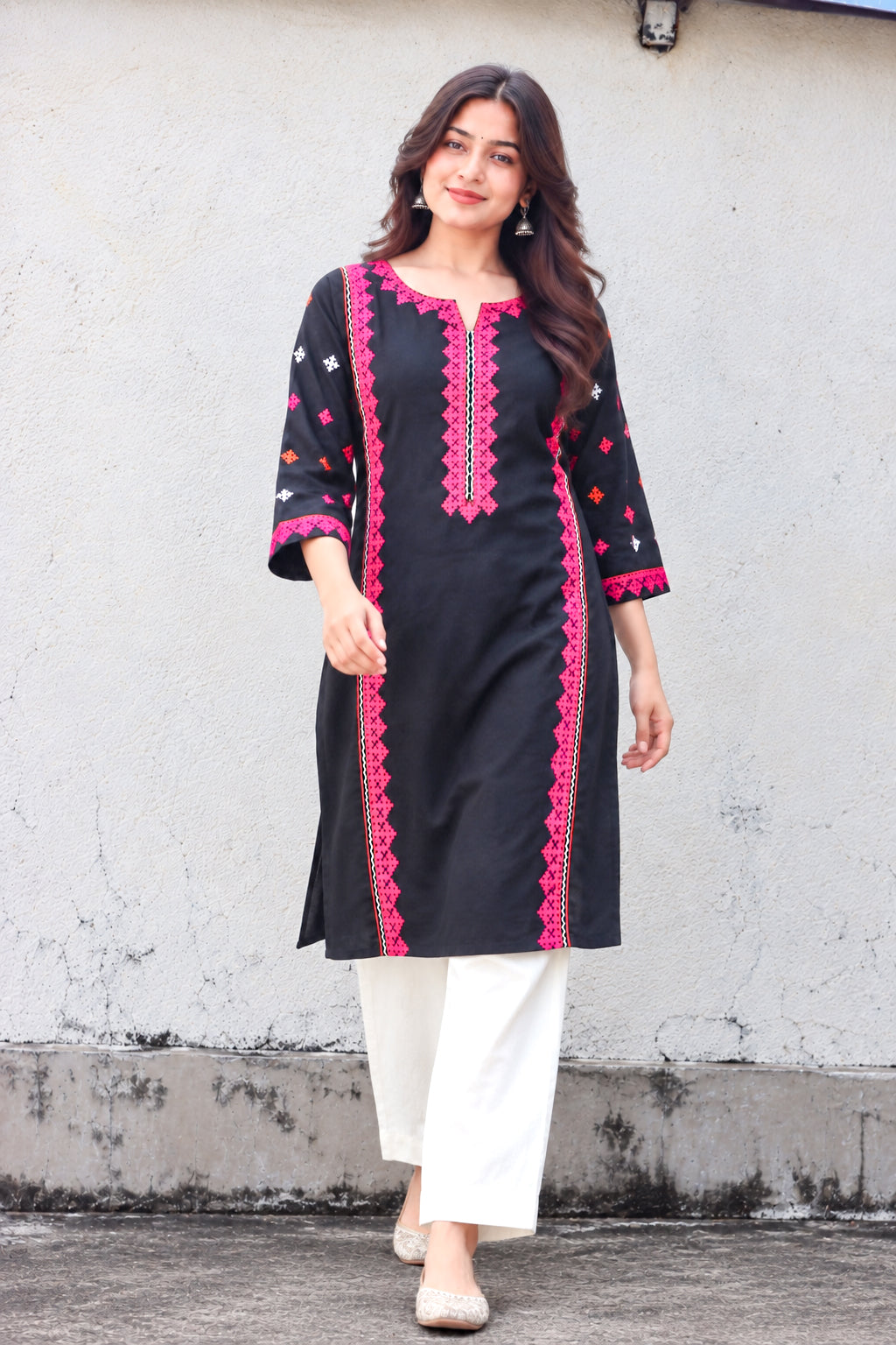 Black Hand Kutch Embroidered Cotton Long Kurta