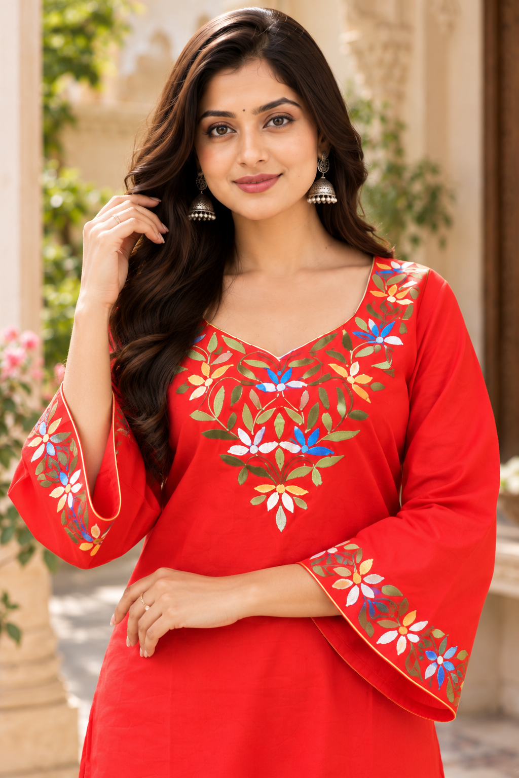 Red Hand Embroidered Cotton Co-ord Sets