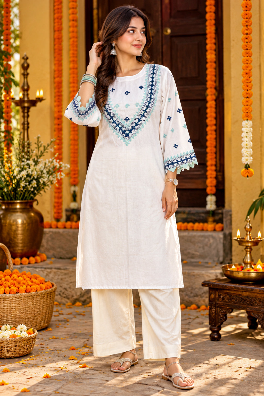 Off White Kutch Hand Embroidery Cotton Kurta