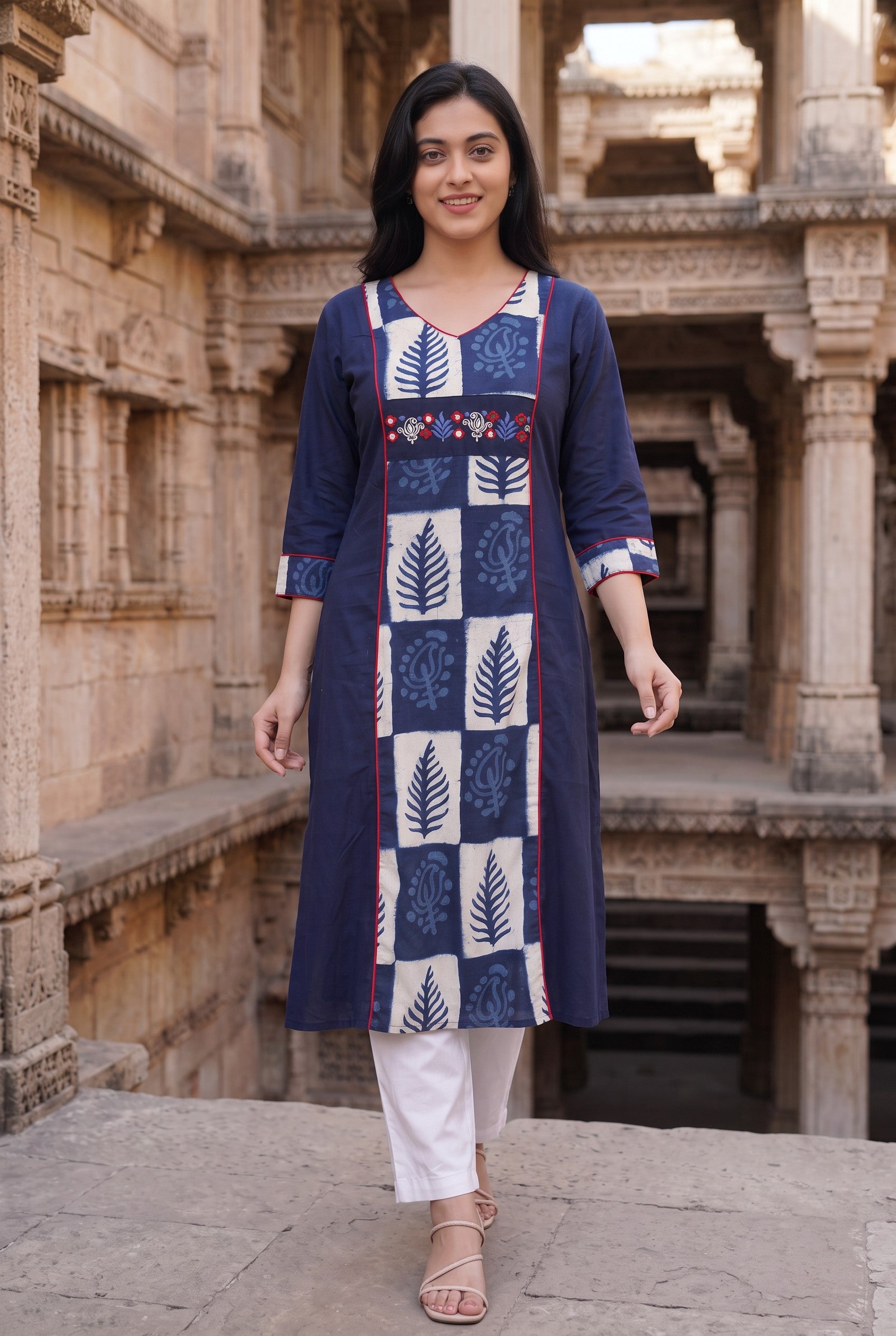 Indigo Hand Block Print With Hand Embroidery Cotton Kurta