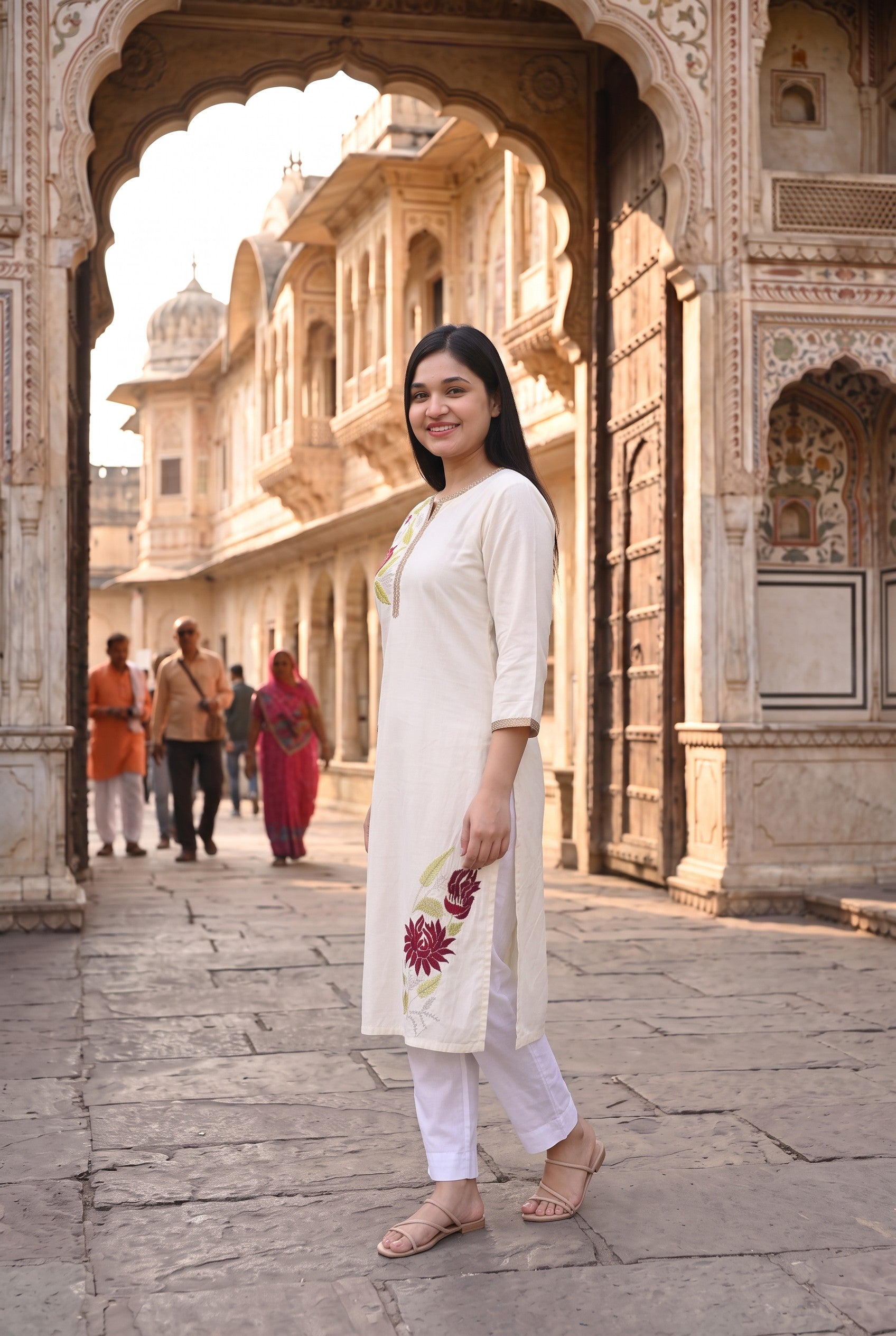 Off White Cotton Embroidered Kurta