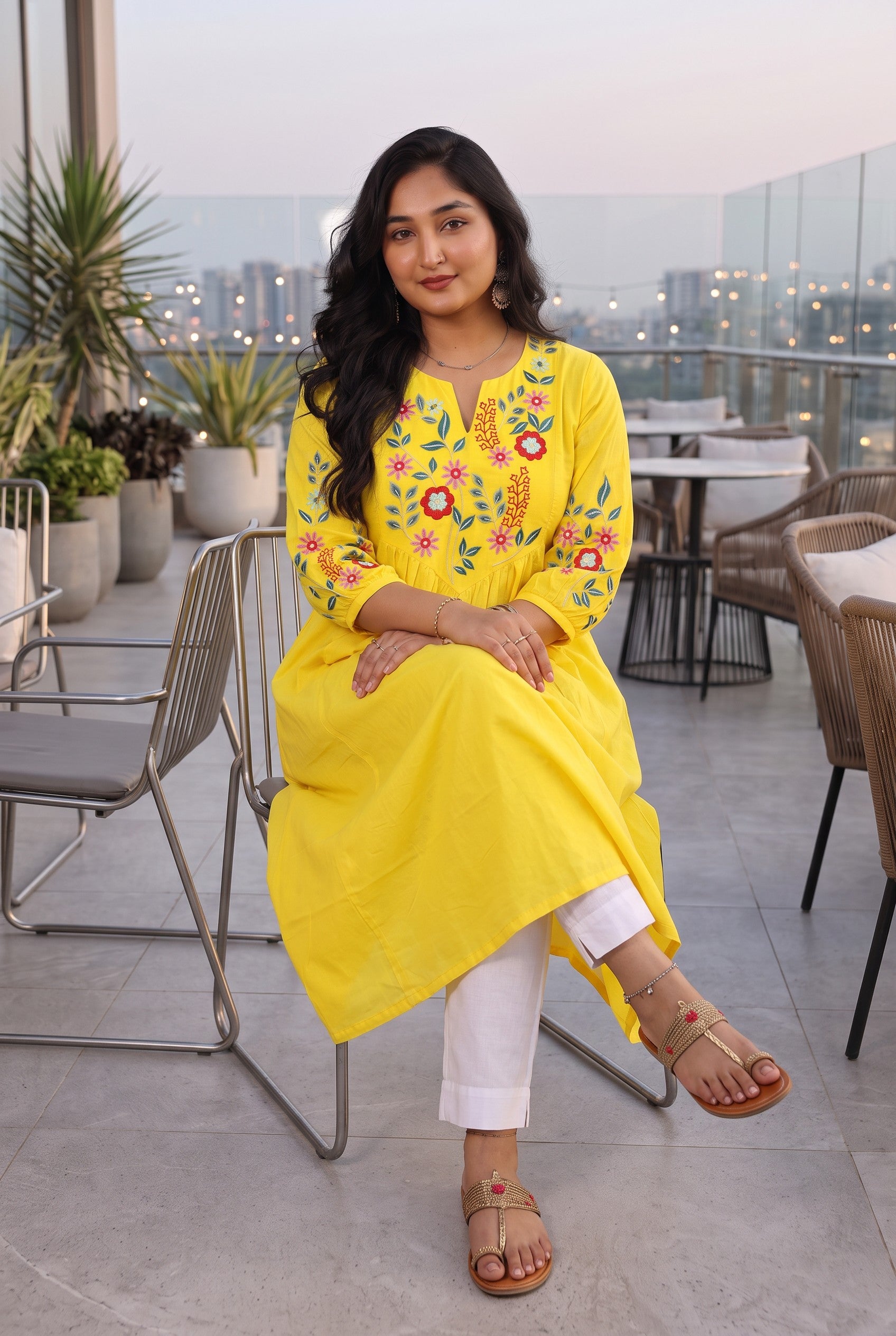 Yellow Floral Embroidered Cotton A-line Kurta