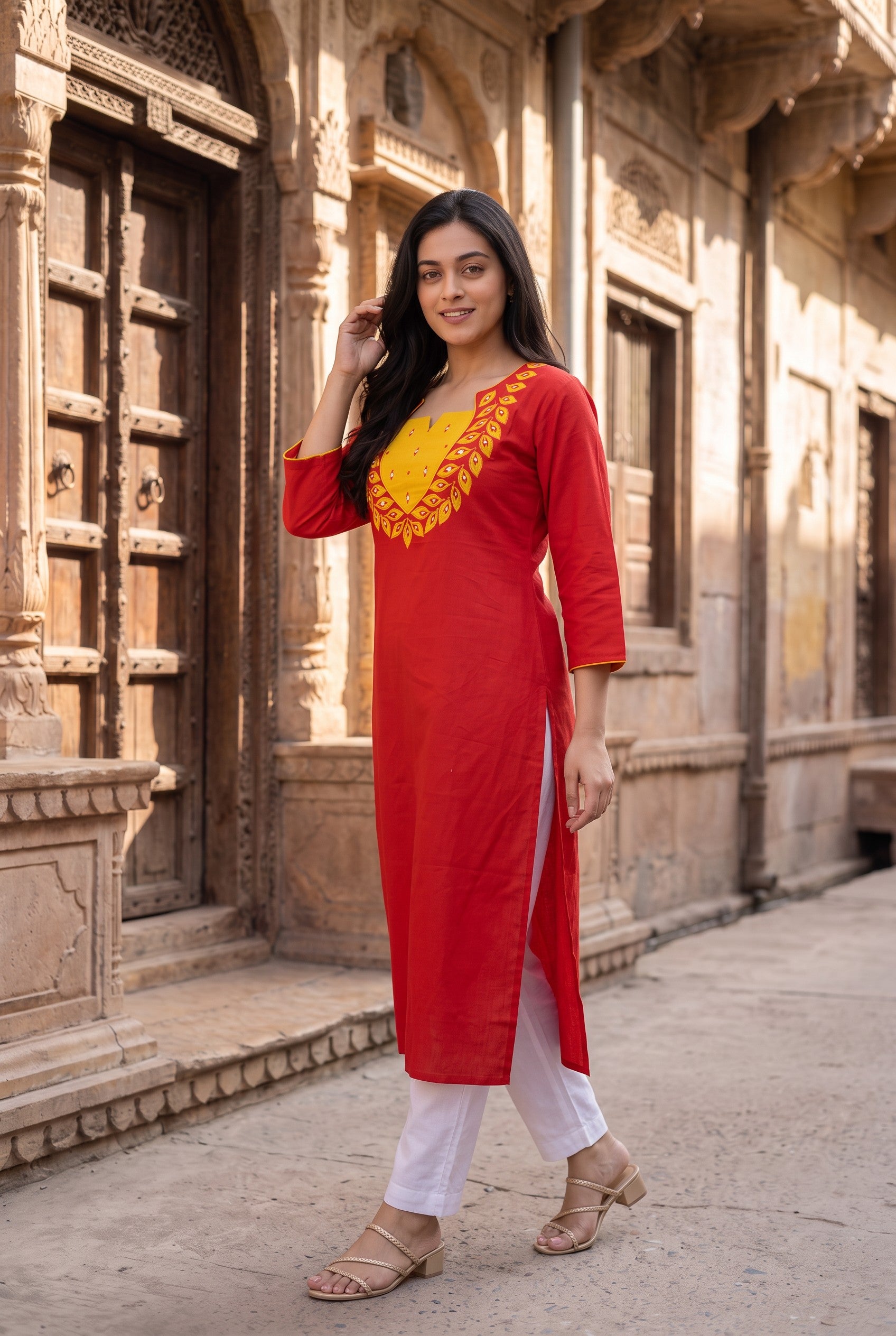 Red Yellow Embroidered Cotton Kurta