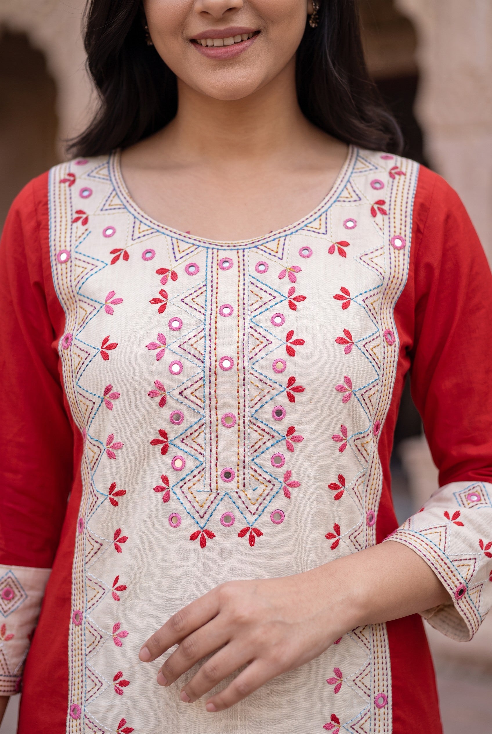 Off White-Red Cotton Hand Embroidered Kurta