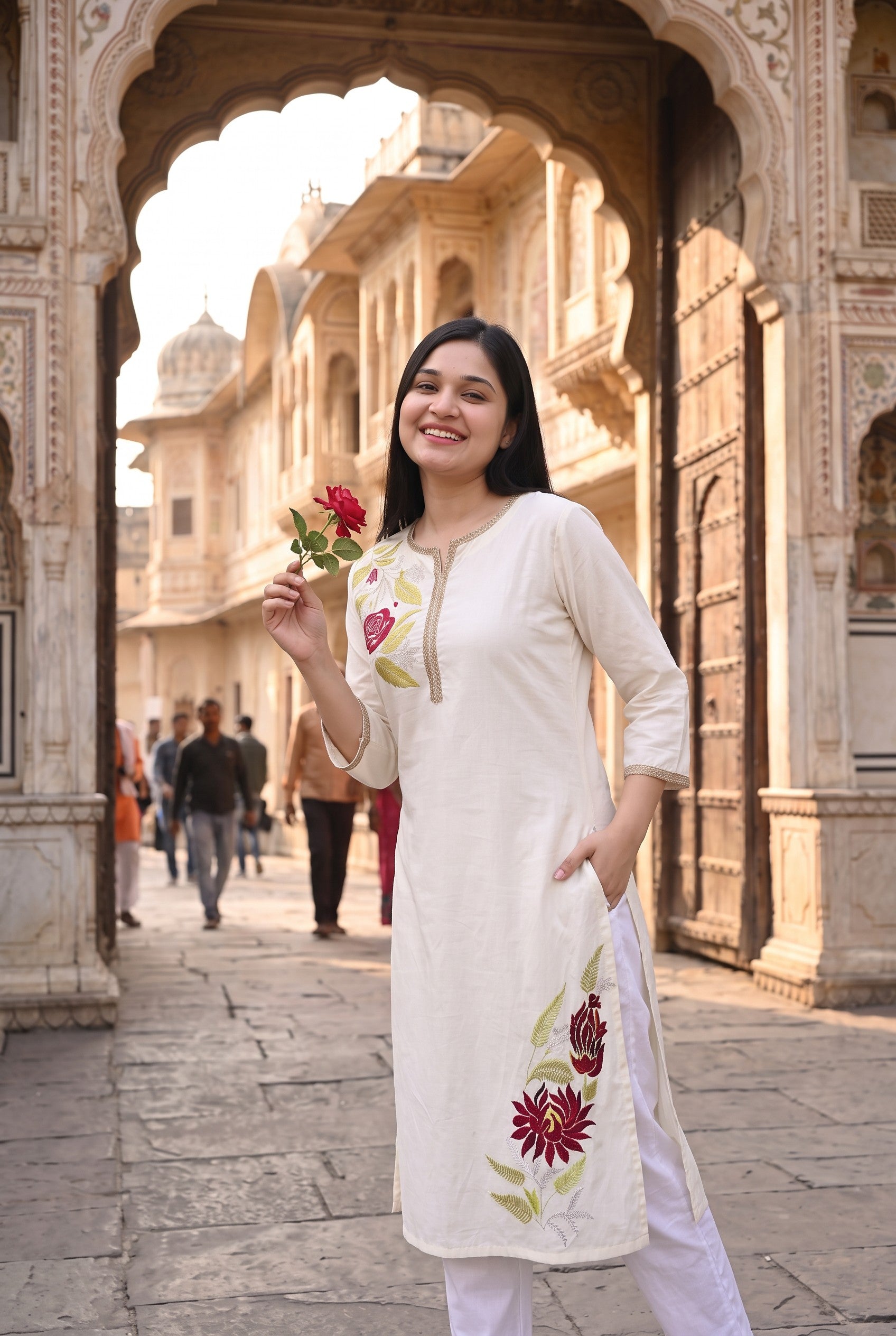 Off White Cotton Embroidered Kurta