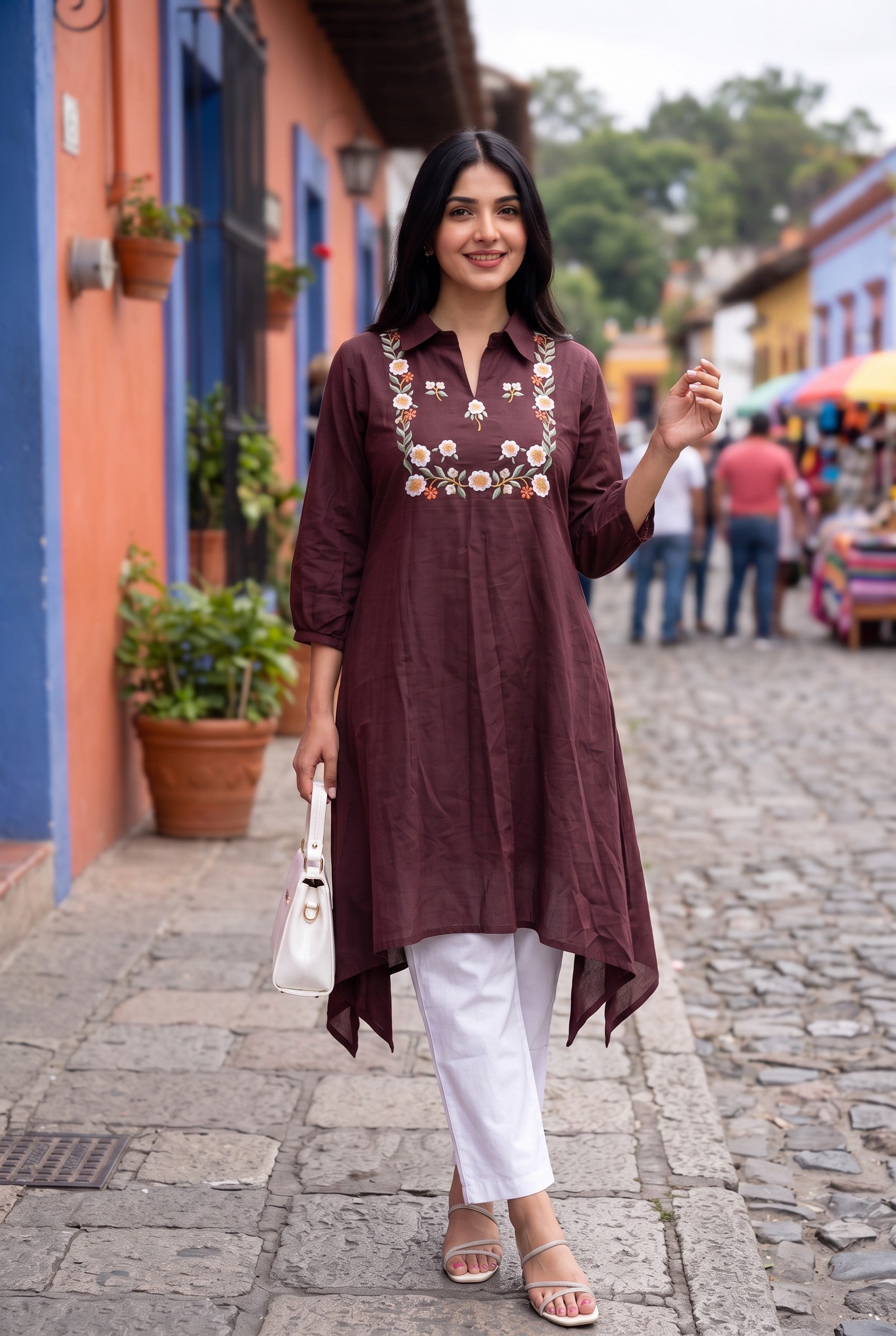 Chocolate Color Cotton Embroidered Kurta