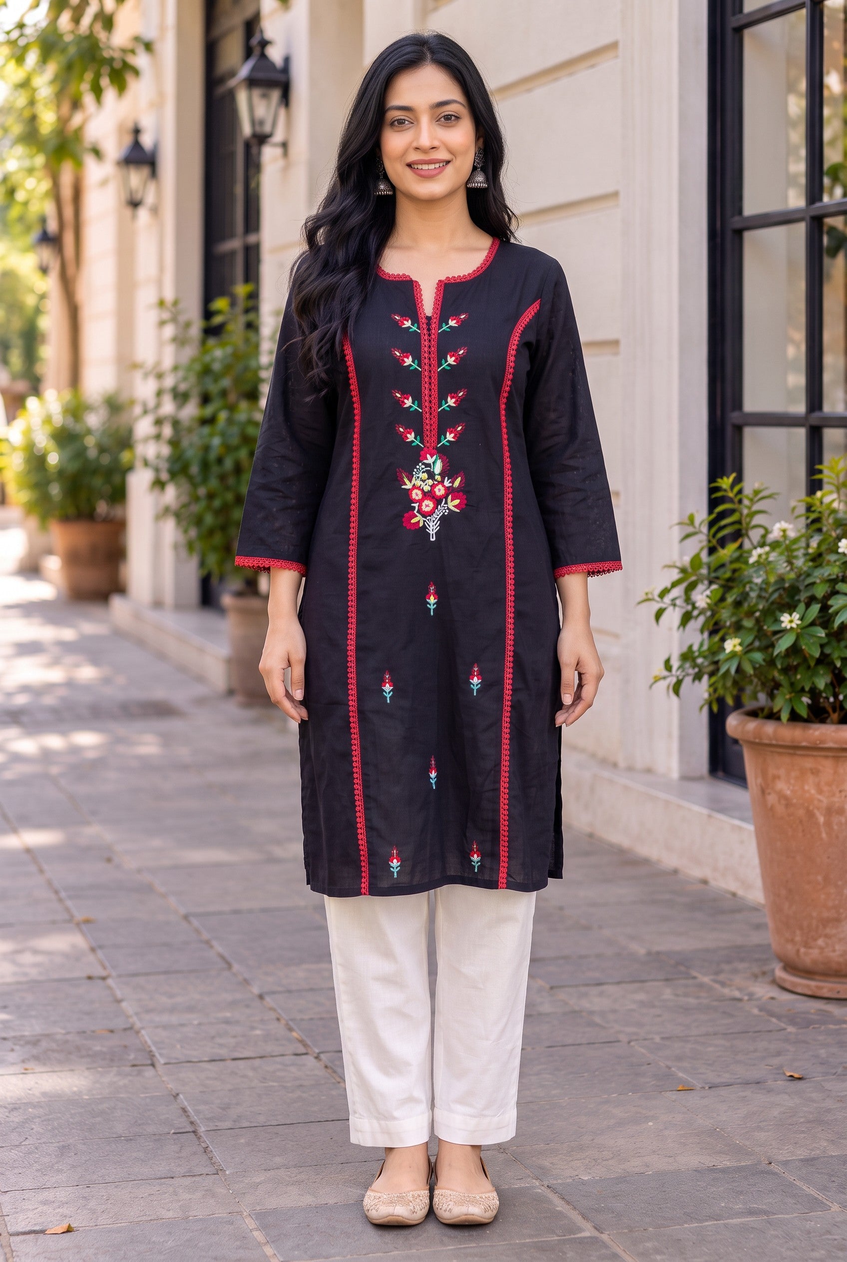 Black Cotton Embroidered Long Kurta