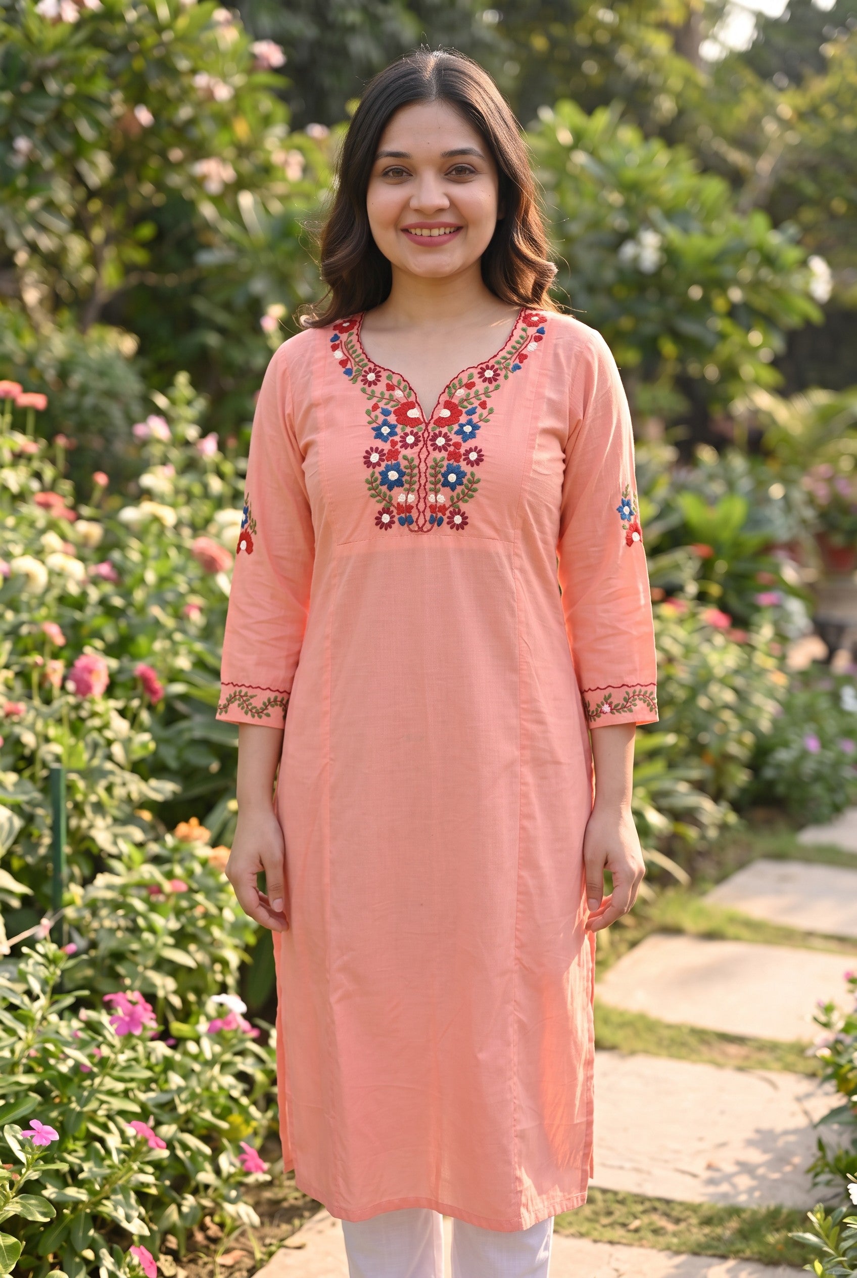 Peach Colour Cotton Hand Embroidered Kurta